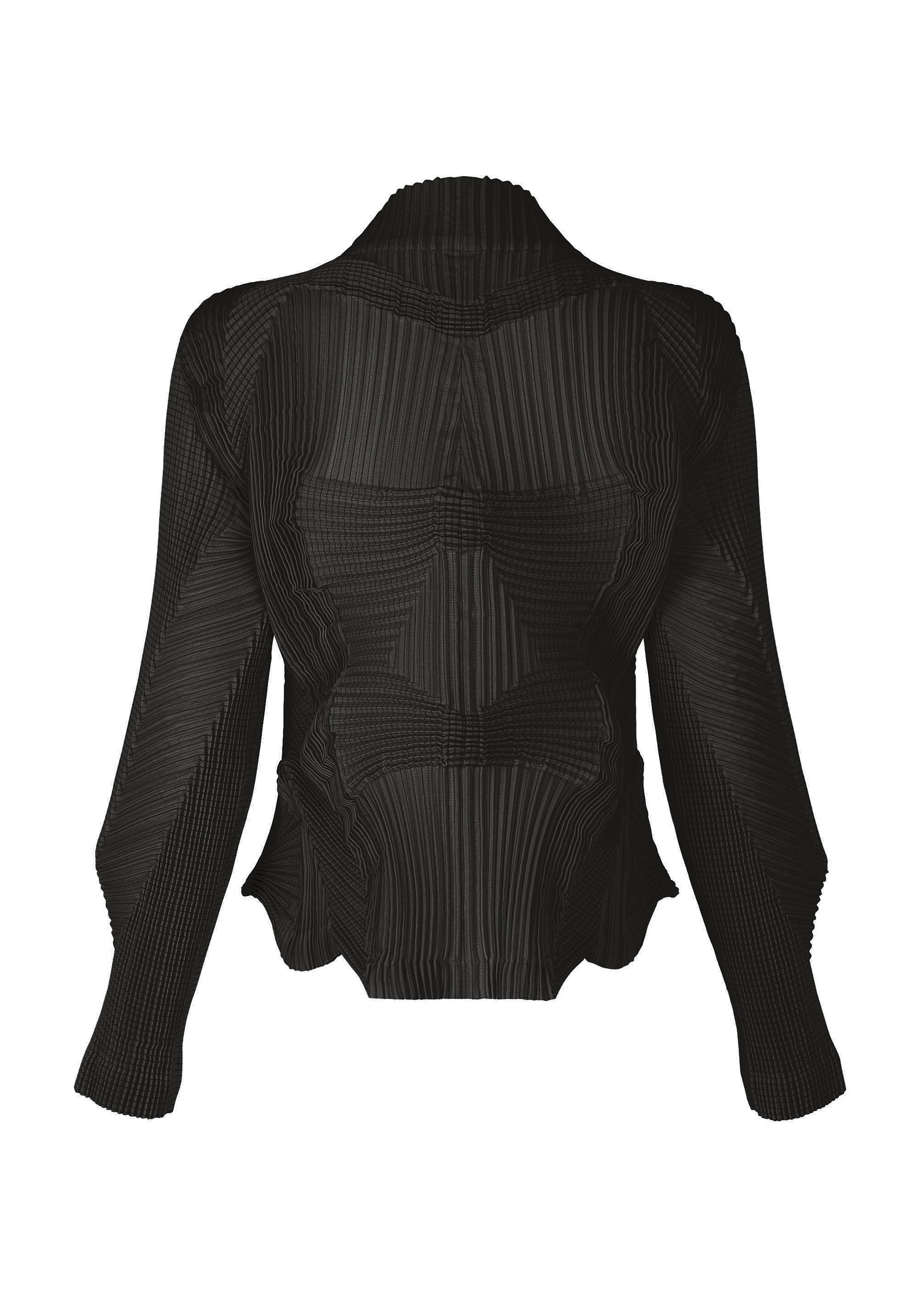 Zoomed view The TYPE-O 003 BK blouse by A-POC ABLE ISSEY MIYAKE—a black, long-sleeve, pleated top featuring a structured geometric design and wave-like texture, meticulously crafted from recycled polyester using unique textile techniques—is displayed on a plain white background.