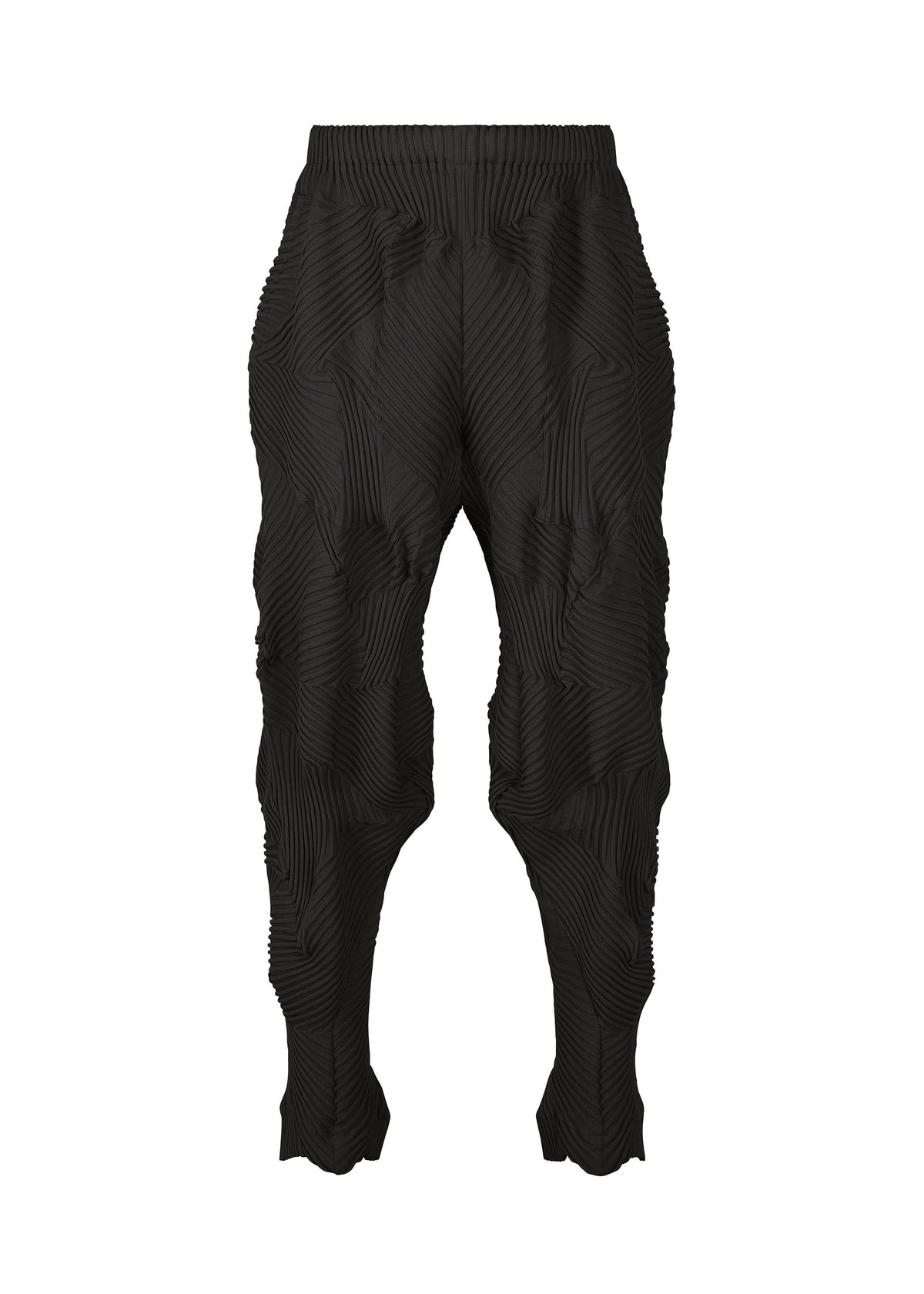 Presenting the TYPE-P 003-1 pants by A-POC ABLE ISSEY MIYAKE: black pleated pants crafted with a slim, tapered fit and an elastic waistband, distinguished by an eye-catching wavy, three-dimensional textured pattern throughout. Designed without visible pockets or zippers, these versatile pants seamlessly combine comfort and style for everyday wear. view 1 of 8