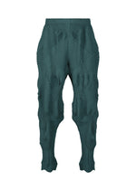 TYPE-P 003-1 pants by A-POC ABLE ISSEY MIYAKE feature a teal hue and an allover textured, wavy geometric pattern. Designed with a slim, tapered silhouette and an elastic waistband for comfort, these pleated pants are crafted from Baked Stretch fabric—offering a structured, sculptural look that’s ideal for versatile everyday wear. - TURQUOISE GREEN （no.60）