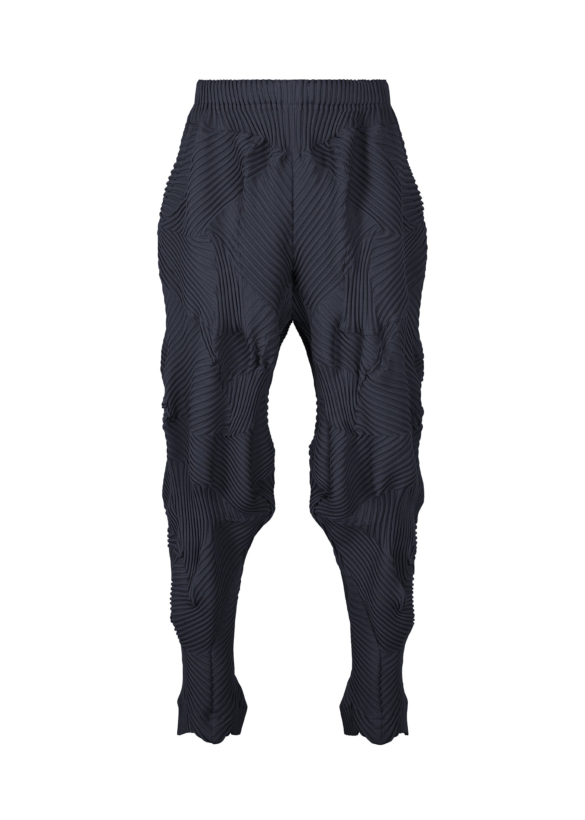 Zoomed view TYPE-P 003-1 pants by A-POC ABLE ISSEY MIYAKE in black Baked Stretch fabric, featuring a geometric textured pattern with irregular pleated ridges and a tapered fit—designed for versatile everyday wear and shown against a white background. - NAVY （no.75）