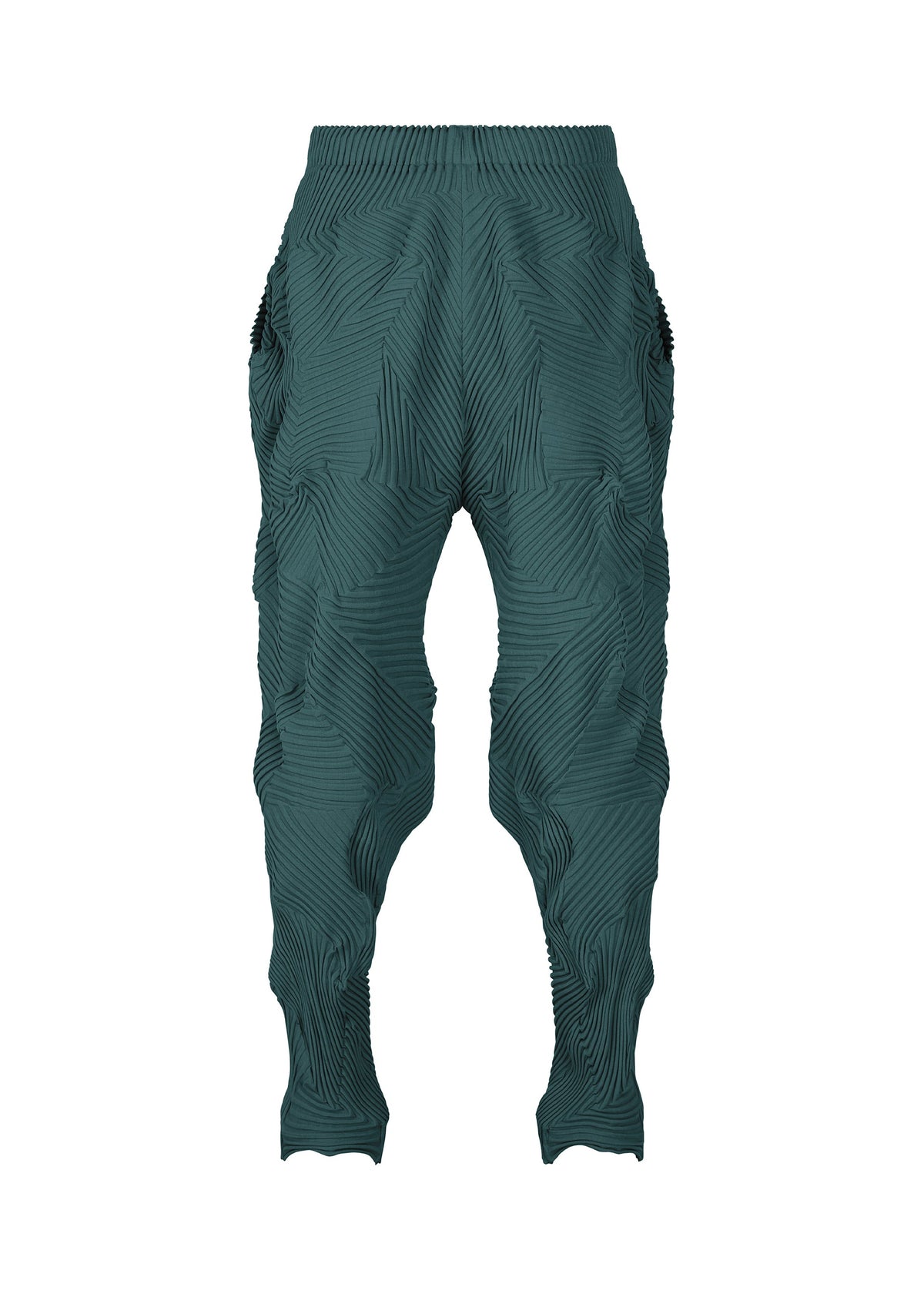 TYPE-P 003-1 by A-POC ABLE ISSEY MIYAKE are teal textured pants featuring a raised, wavy pattern and an elastic waistband for versatile everyday wear; this pleated pants-inspired design is shown from the front against a white backdrop. view 4 of 8
