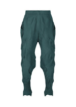 TYPE-P 003-1 by A-POC ABLE ISSEY MIYAKE are teal textured pants featuring a raised, wavy pattern and an elastic waistband for versatile everyday wear; this pleated pants-inspired design is shown from the front against a white backdrop.