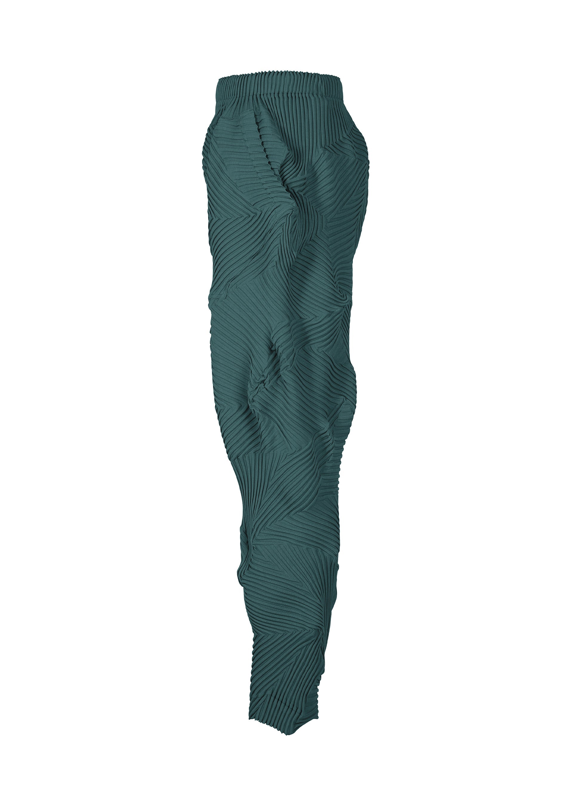Zoomed view Discover the TYPE-P 003-1 pants by A-POC ABLE ISSEY MIYAKE, featuring a teal hue, high-waisted fit, and distinctive wavy Baked Stretch texture that creates a sculpted, three-dimensional look. These pleated pants taper at the ankle and offer an elastic waistband for versatile everyday style.
