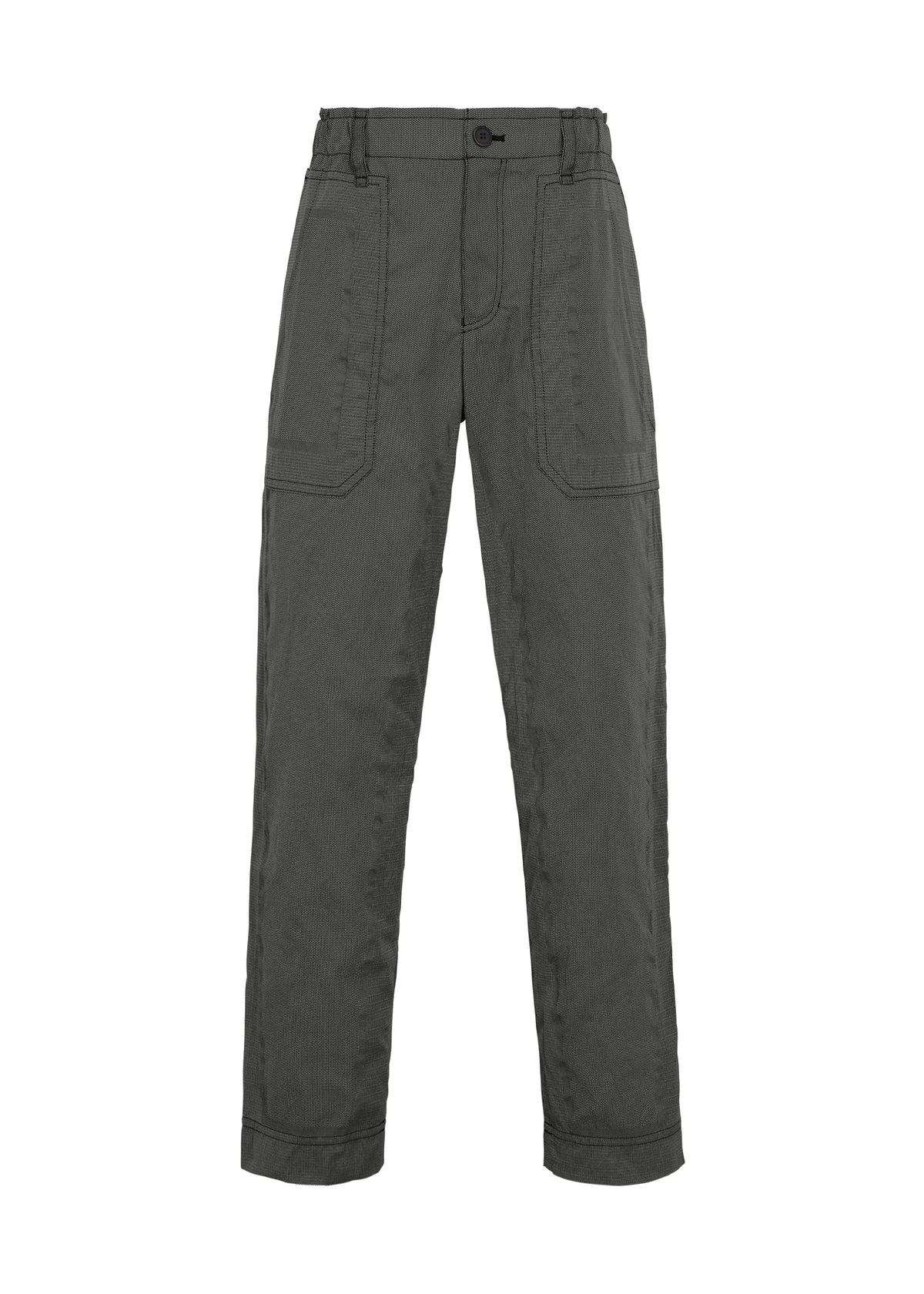 The TYPE-U 001-1 trousers by A-POC ABLE ISSEY MIYAKE feature a dark gray straight-leg silhouette with a high waist, button and zip closure, prominent front seams, and oversized side pockets. Displayed against a plain white background, these pants are crafted from wrinkle-resistant fabric to ensure a polished appearance throughout the day. view 1 of 6