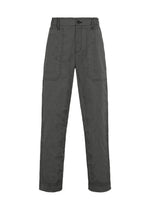 The TYPE-U 001-1 trousers by A-POC ABLE ISSEY MIYAKE feature a dark gray straight-leg silhouette with a high waist, button and zip closure, prominent front seams, and oversized side pockets. Displayed against a plain white background, these pants are crafted from wrinkle-resistant fabric to ensure a polished appearance throughout the day. - DARK GRAY （no.14）