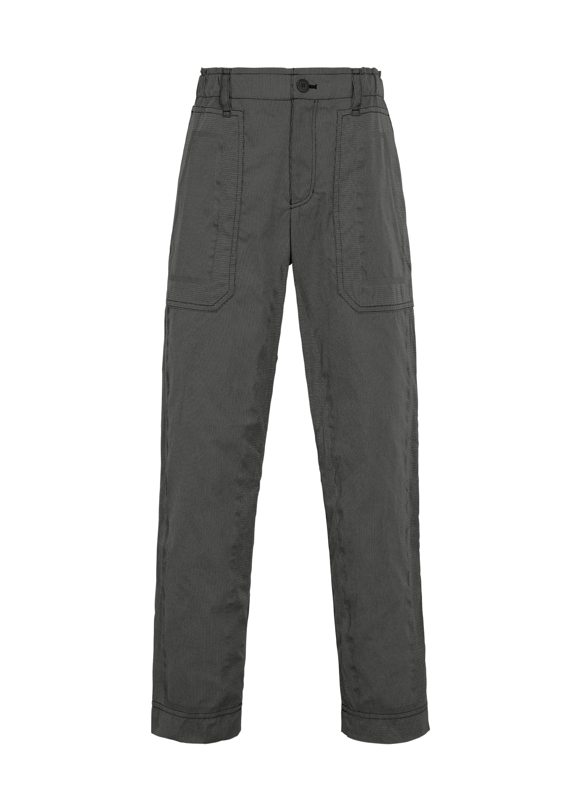 Zoomed view The TYPE-U 001-1 trousers by A-POC ABLE ISSEY MIYAKE feature a dark gray straight-leg silhouette with a high waist, button and zip closure, prominent front seams, and oversized side pockets. Displayed against a plain white background, these pants are crafted from wrinkle-resistant fabric to ensure a polished appearance throughout the day. - DARK GRAY （no.14）