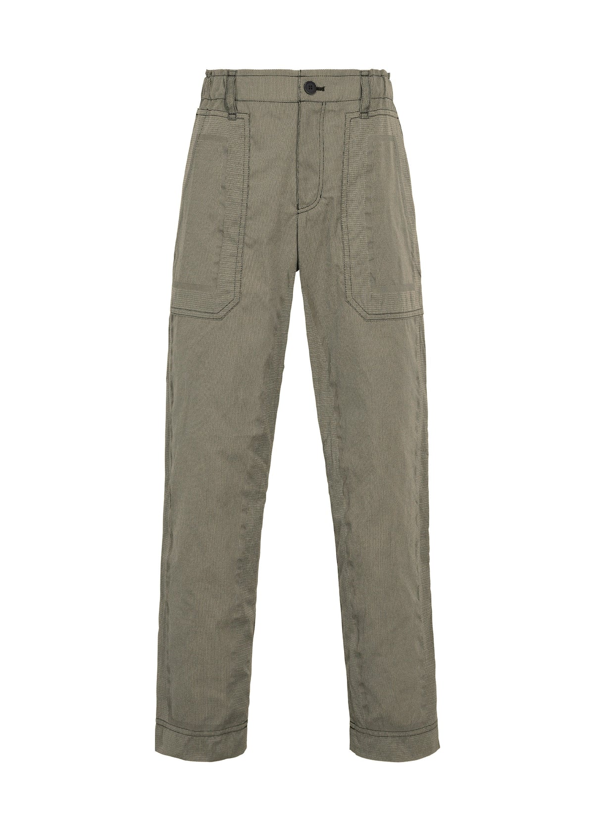 TYPE-U 001-1 straight pants by A-POC ABLE ISSEY MIYAKE, in olive green, featuring an adjustable fit with front patch pockets, a button and zip closure, and an elastic waistband, displayed against a white background. view 2 of 6