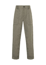 TYPE-U 001-1 straight pants by A-POC ABLE ISSEY MIYAKE, in olive green, featuring an adjustable fit with front patch pockets, a button and zip closure, and an elastic waistband, displayed against a white background. - DARK BEIGE （no.42）