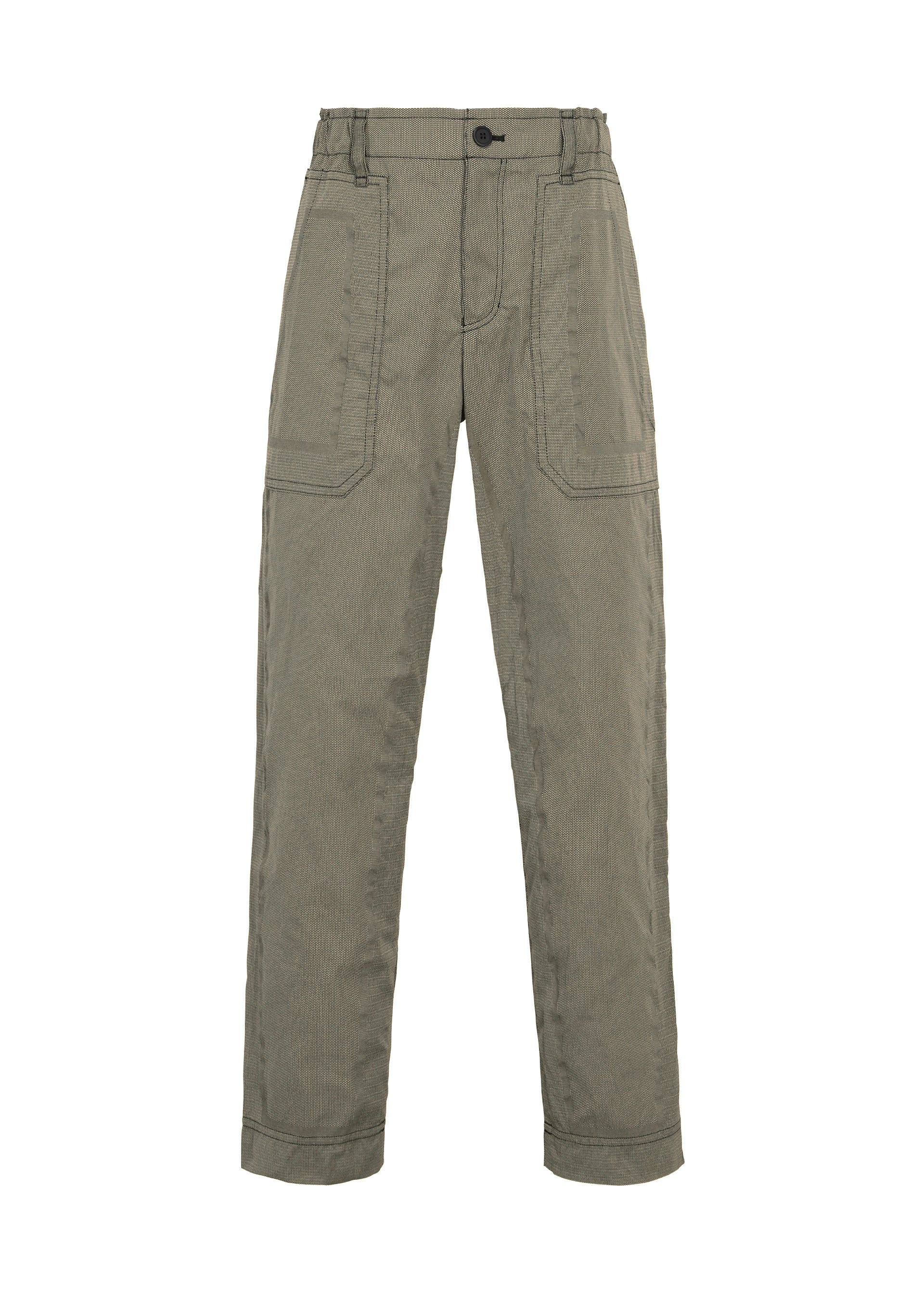 Zoomed view TYPE-U 001-1 straight pants by A-POC ABLE ISSEY MIYAKE, in olive green, featuring an adjustable fit with front patch pockets, a button and zip closure, and an elastic waistband, displayed against a white background. - DARK BEIGE （no.42）