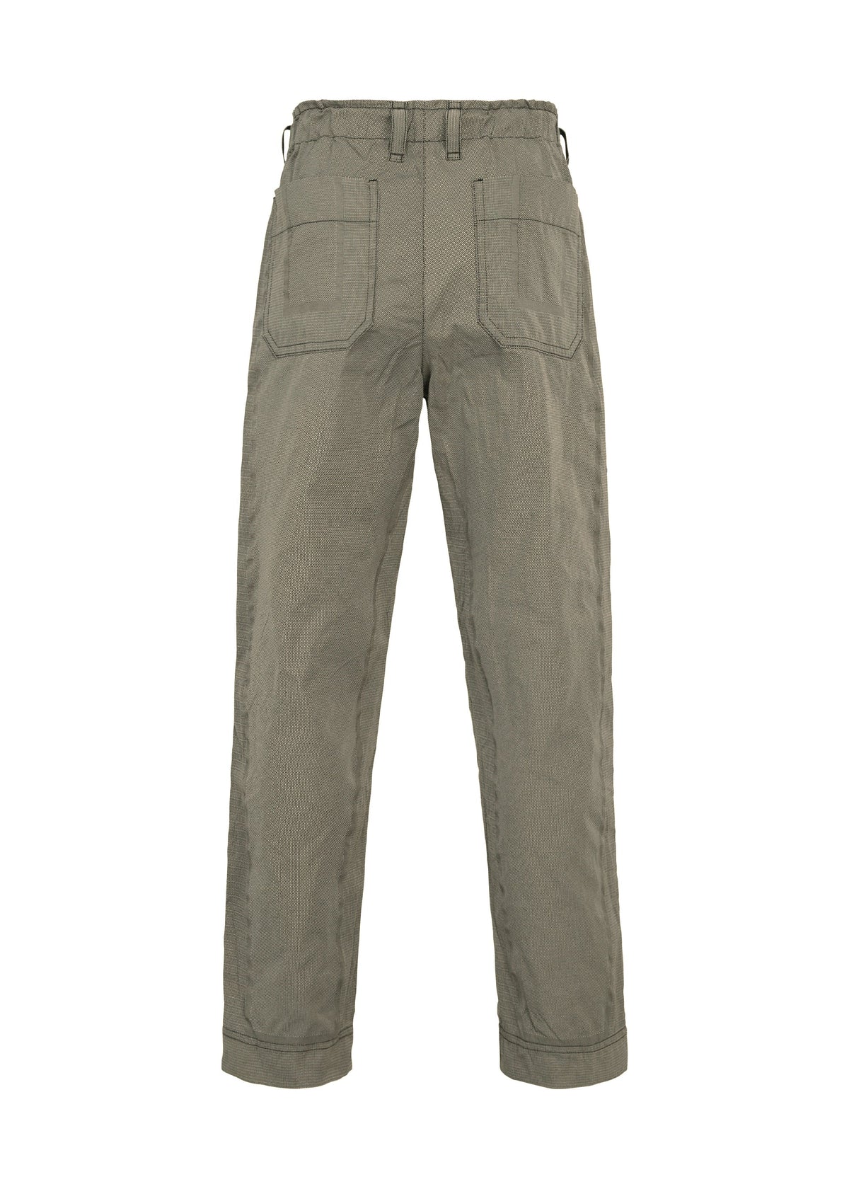 TYPE-U 001-1 olive green wrinkle-resistant pants by A-POC ABLE ISSEY MIYAKE, featuring visible stitching, two back pockets, and cuffed hems, displayed from the back against a white background. view 3 of 6