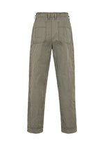 TYPE-U 001-1 olive green wrinkle-resistant pants by A-POC ABLE ISSEY MIYAKE, featuring visible stitching, two back pockets, and cuffed hems, displayed from the back against a white background.
