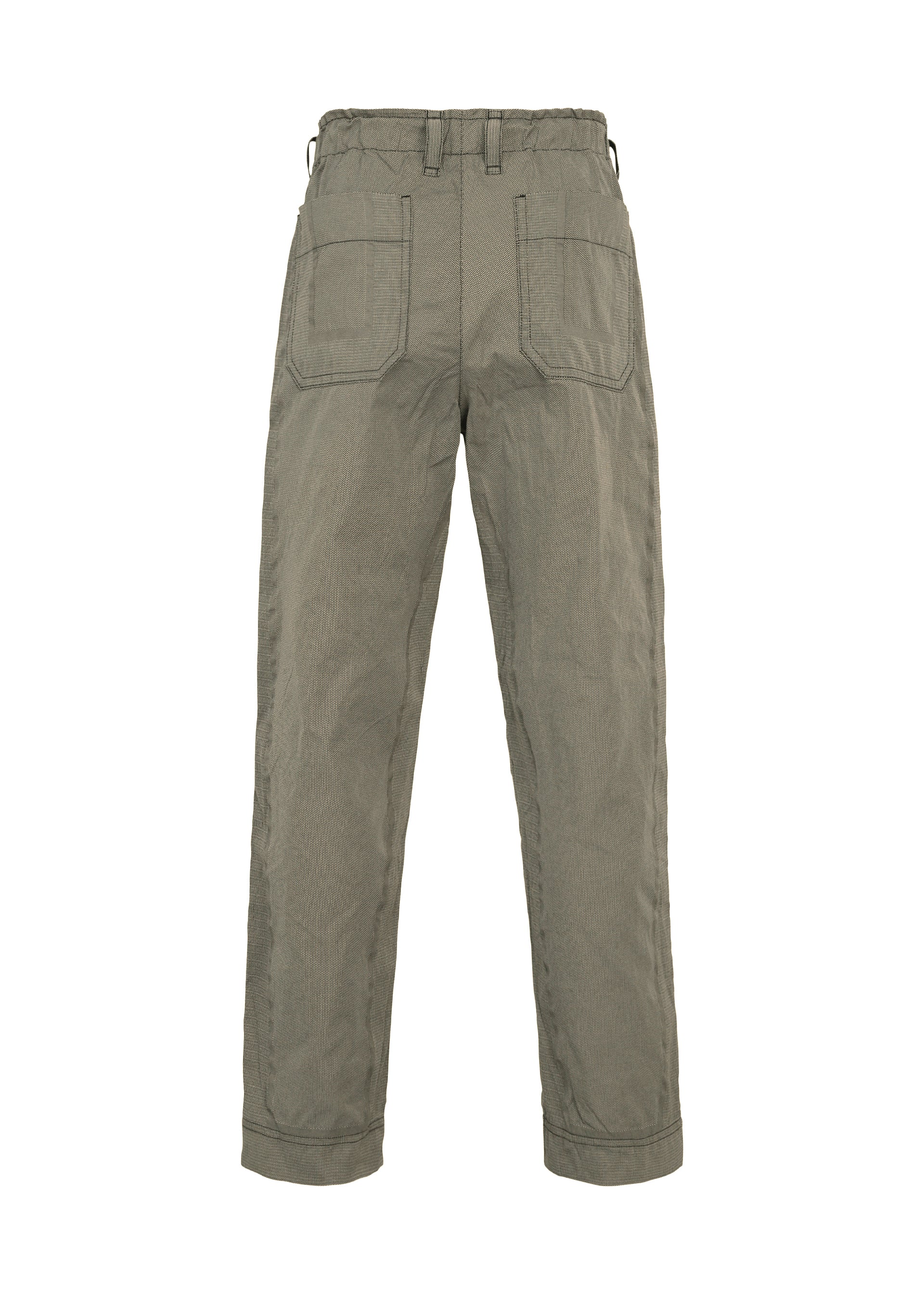 Zoomed view TYPE-U 001-1 olive green wrinkle-resistant pants by A-POC ABLE ISSEY MIYAKE, featuring visible stitching, two back pockets, and cuffed hems, displayed from the back against a white background.