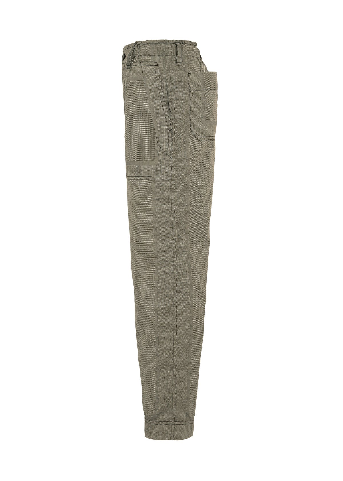 Side view of the TYPE-U 001-1 olive green cargo pants by A-POC ABLE ISSEY MIYAKE, showcasing visible stitching, a large front pocket, elastic waistband, and elastic cuffs against a plain white background. These adjustable straight pants offer a wrinkle-resistant finish for lasting style and comfort. view 4 of 6