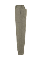 Side view of the TYPE-U 001-1 olive green cargo pants by A-POC ABLE ISSEY MIYAKE, showcasing visible stitching, a large front pocket, elastic waistband, and elastic cuffs against a plain white background. These adjustable straight pants offer a wrinkle-resistant finish for lasting style and comfort.