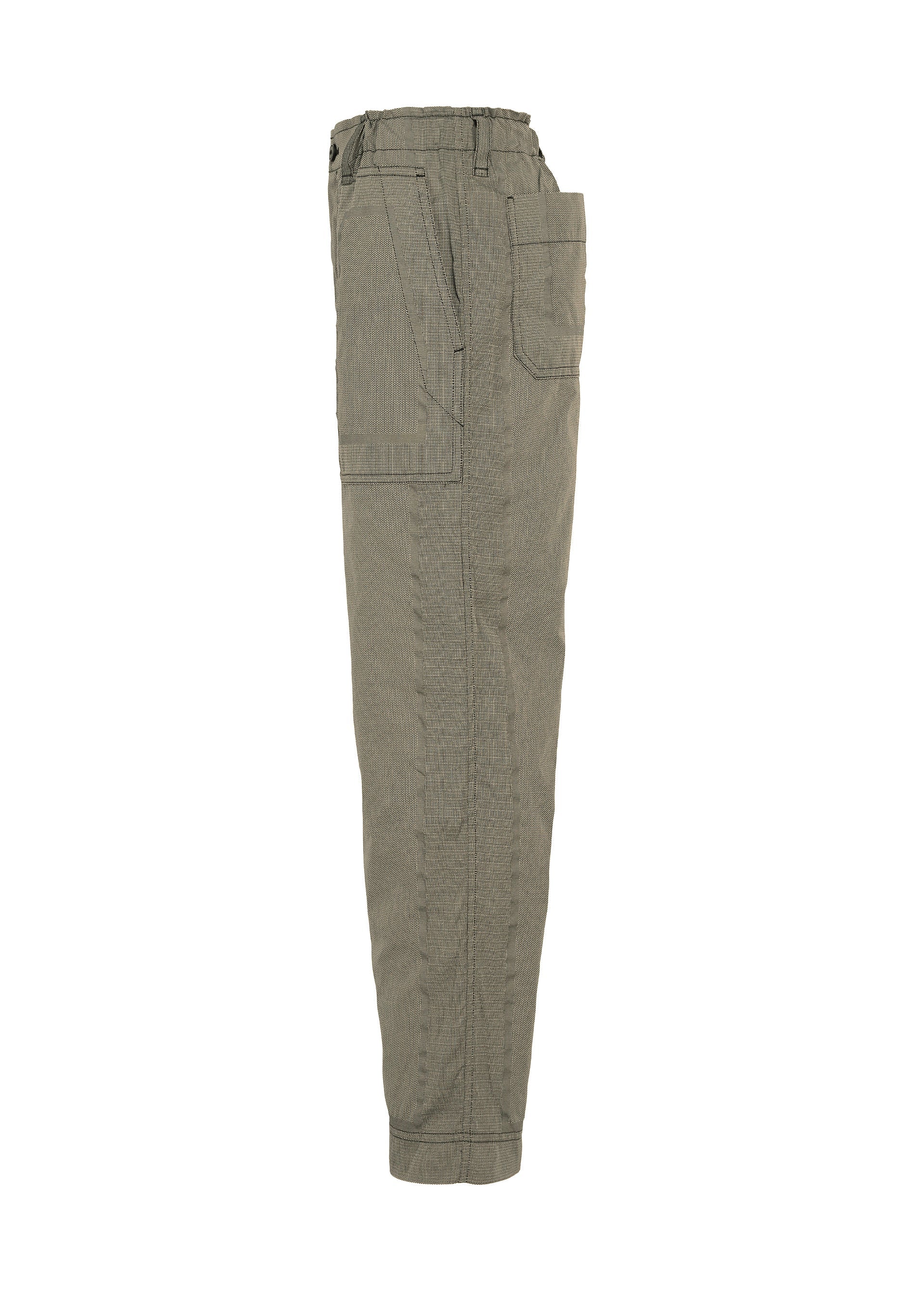 Zoomed view Side view of the TYPE-U 001-1 olive green cargo pants by A-POC ABLE ISSEY MIYAKE, showcasing visible stitching, a large front pocket, elastic waistband, and elastic cuffs against a plain white background. These adjustable straight pants offer a wrinkle-resistant finish for lasting style and comfort.