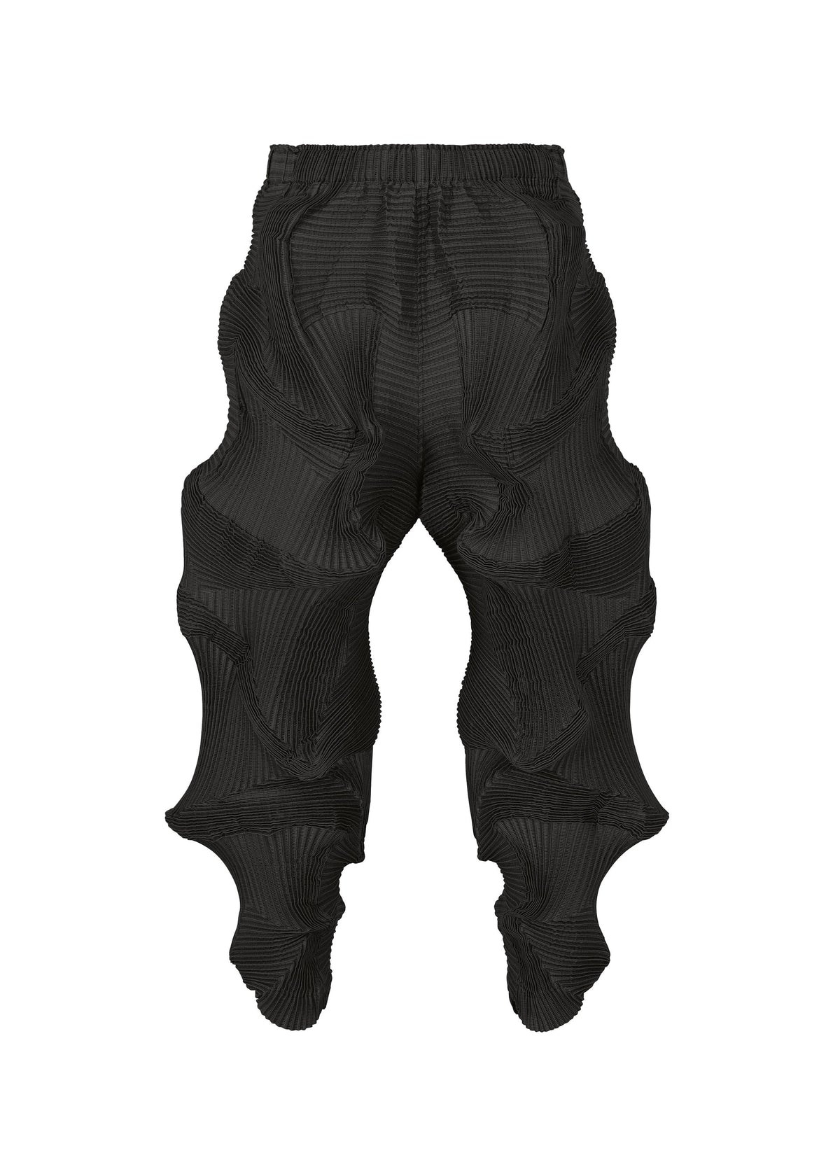 Black pants by A-POC ABLE ISSEY MIYAKE, the TYPE-O 003 BK, crafted from recycled polyester with an exaggerated, sculpted 3D silhouette. These pants feature wavy ribbed textures and flared, layered contours throughout the legs, showcasing a distinctive textile reminiscent of signature Steam Stretch designs. view 1 of 7