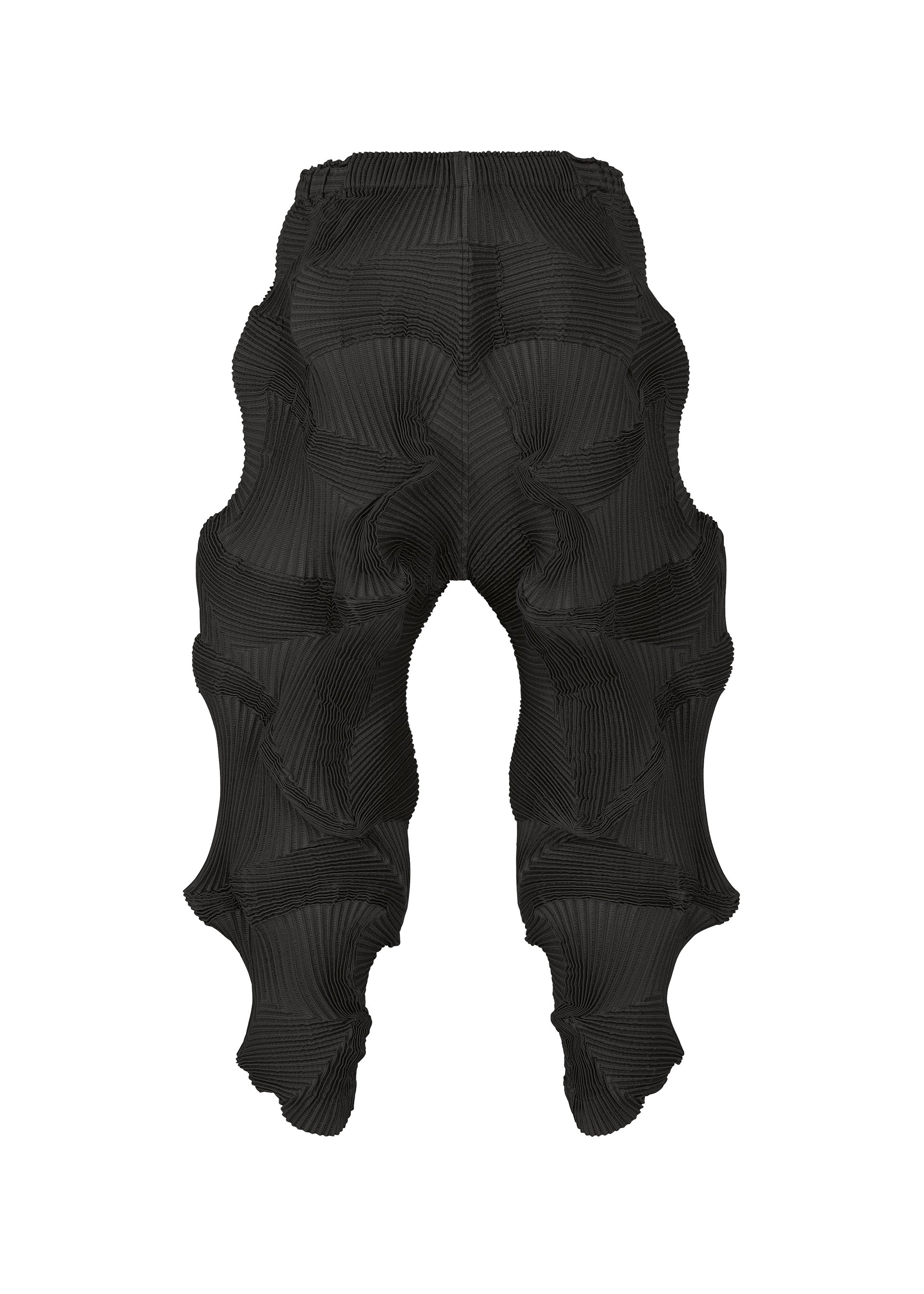 Zoomed view TYPE-O 003 BK pants by A-POC ABLE ISSEY MIYAKE feature a three-dimensional textured design and wavy, sculptural patterns that cover the entire surface. Crafted from recycled polyester, these black pants offer an avant-garde, artistic look. The innovative textile of the Steam Stretch collection brings a distinctive edge to any wardrobe.
