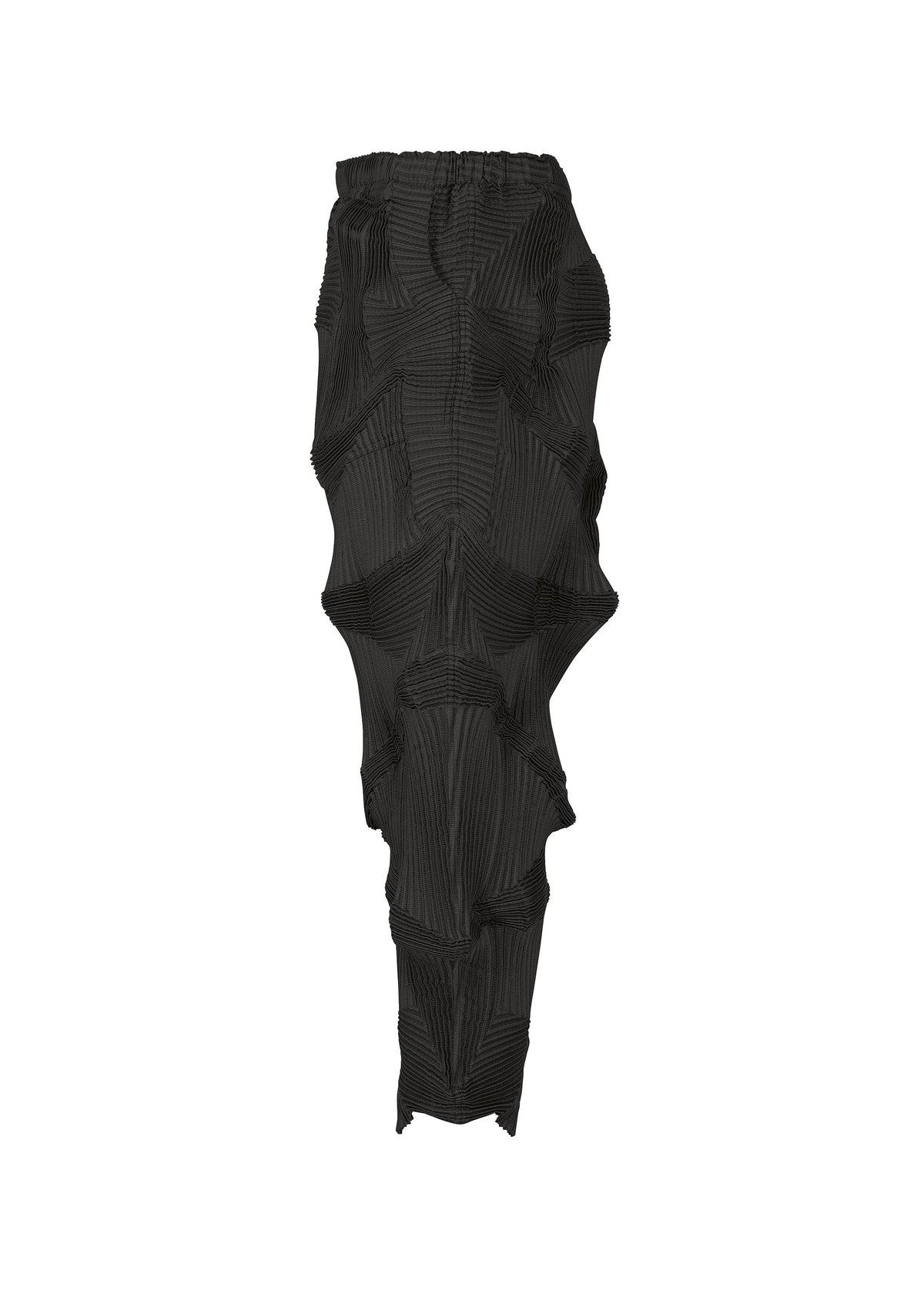 The TYPE-O 003 BK pants by A-POC ABLE ISSEY MIYAKE feature a black, textured Steam Stretch fabric with a distinctive three-dimensional geometric pattern and gathered, angular shapes throughout. Crafted from recycled polyester, they offer an elastic waistband and a tapered leg design, showcasing the brand’s truly unique textile innovation. view 3 of 7