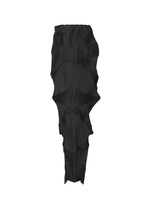The TYPE-O 003 BK pants by A-POC ABLE ISSEY MIYAKE feature a black, textured Steam Stretch fabric with a distinctive three-dimensional geometric pattern and gathered, angular shapes throughout. Crafted from recycled polyester, they offer an elastic waistband and a tapered leg design, showcasing the brand’s truly unique textile innovation.
