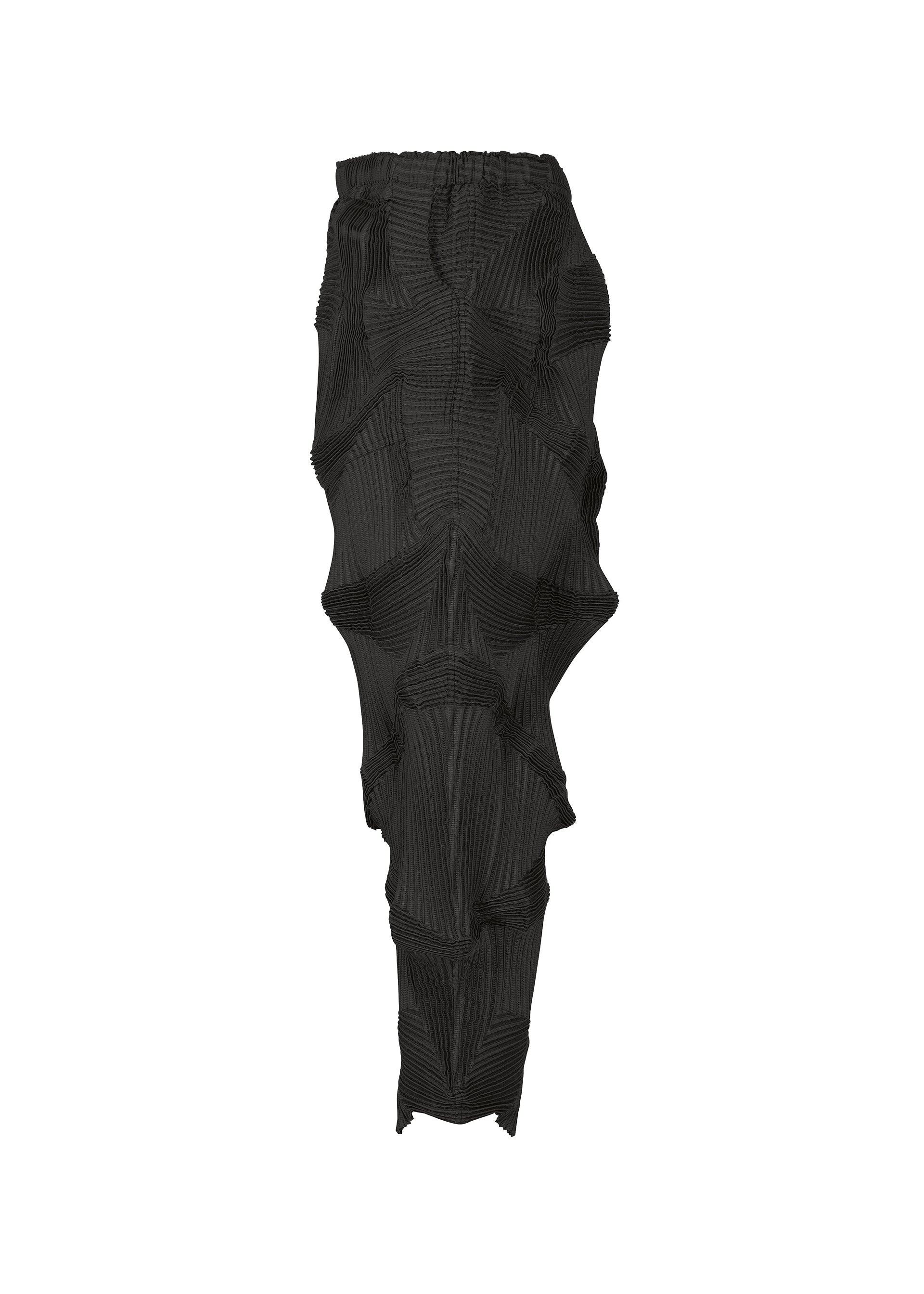 Zoomed view The TYPE-O 003 BK pants by A-POC ABLE ISSEY MIYAKE feature a black, textured Steam Stretch fabric with a distinctive three-dimensional geometric pattern and gathered, angular shapes throughout. Crafted from recycled polyester, they offer an elastic waistband and a tapered leg design, showcasing the brand’s truly unique textile innovation.