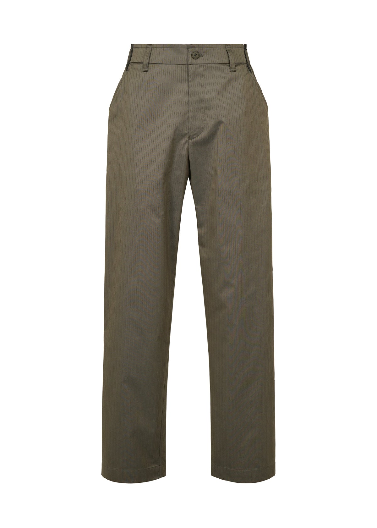 Zoomed view TYPE-S 003 by A-POC ABLE ISSEY MIYAKE: khaki green straight pants in lightweight stretch fabric, with side pockets, belt loops, button closure, shown on a white background. - KHAKI （no.65）