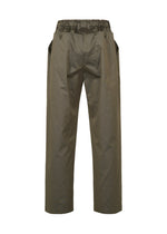 TYPE-S 003 by A-POC ABLE ISSEY MIYAKE: Olive green, straight-leg pants in lightweight stretch fabric with an elastic waistband, two side pockets, and a back pocket, shown on a white background.