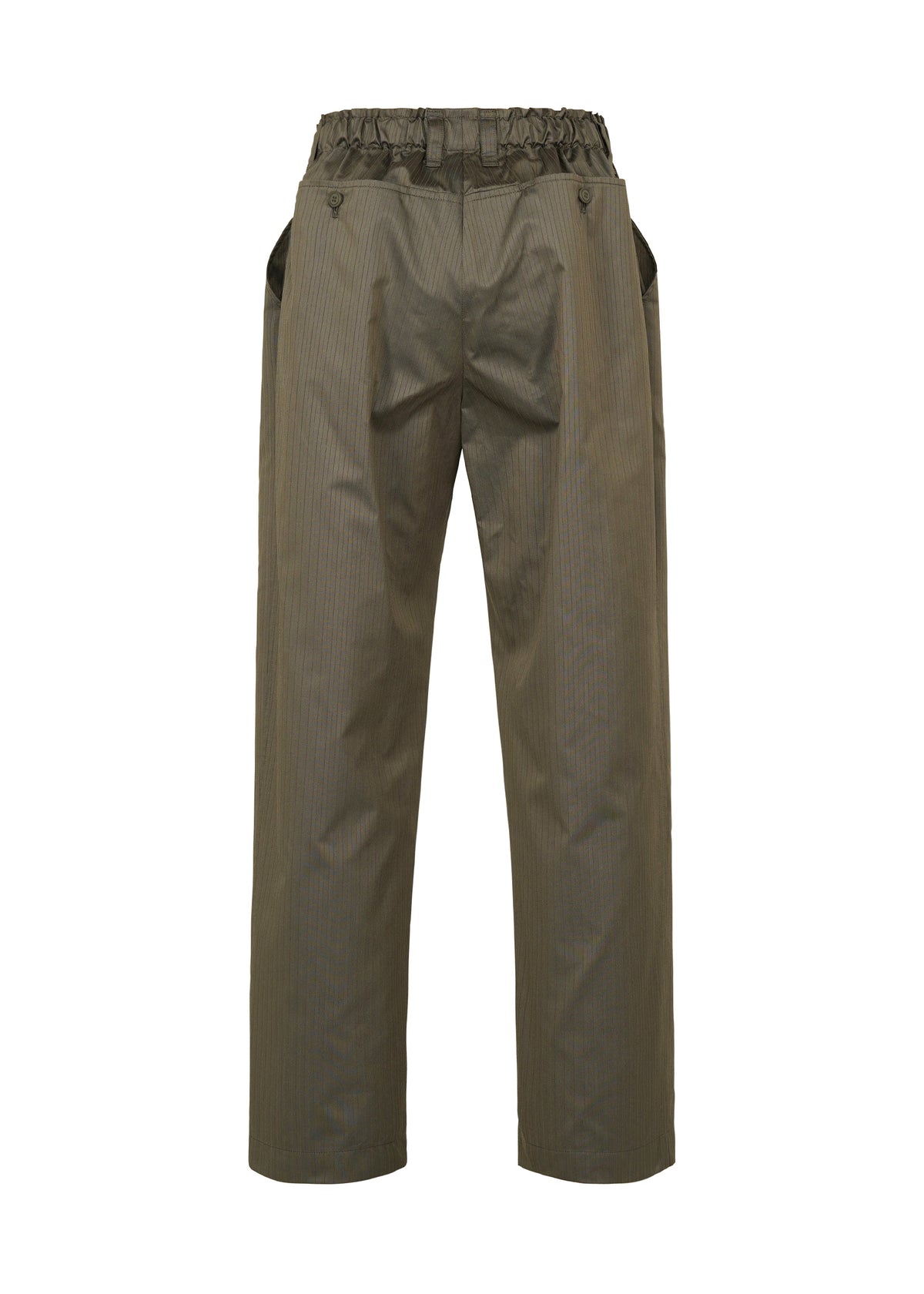 Zoomed view TYPE-S 003 by A-POC ABLE ISSEY MIYAKE: Olive green, straight-leg pants in lightweight stretch fabric with an elastic waistband, two side pockets, and a back pocket, shown on a white background.