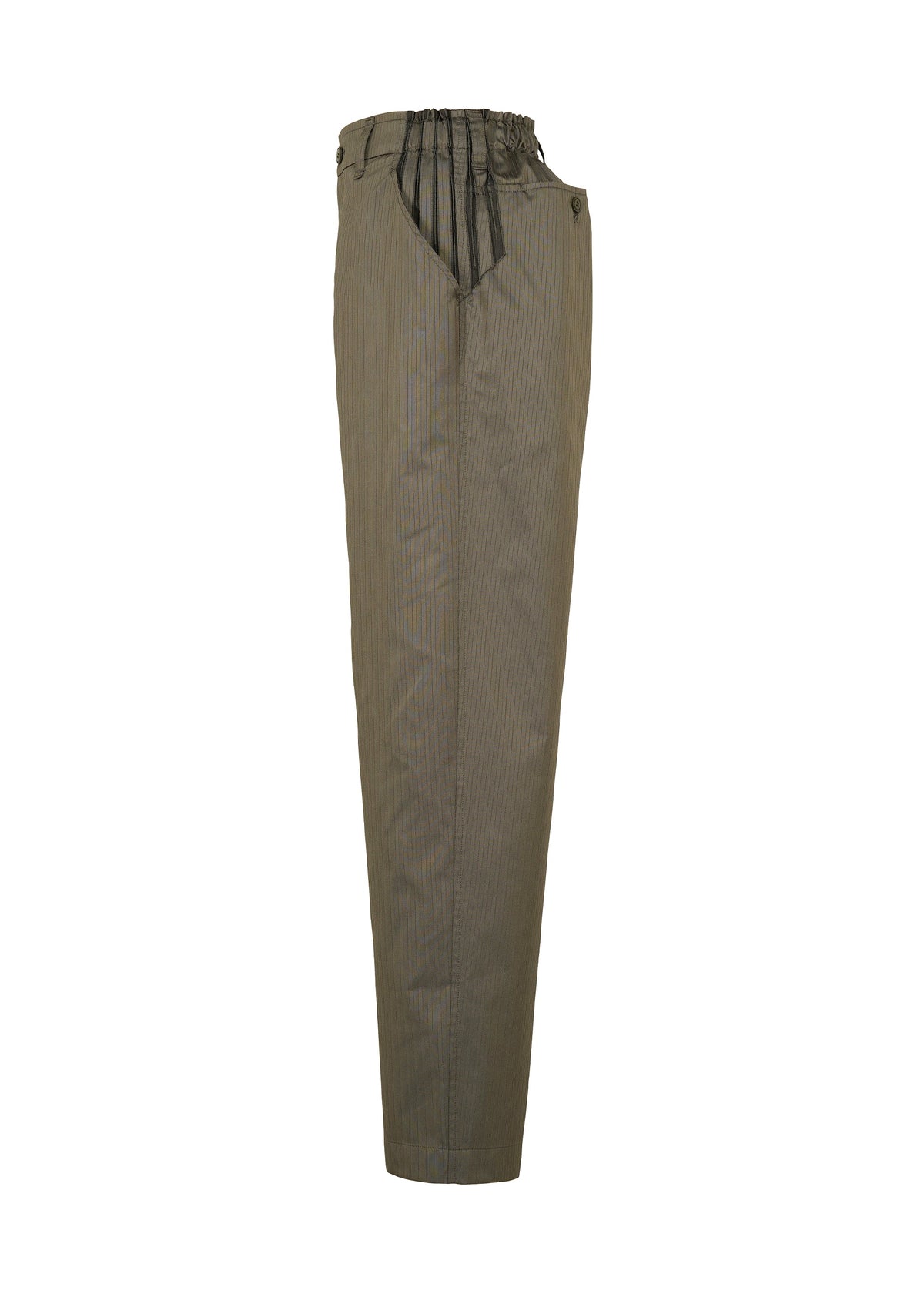 TYPE-S 003 by A-POC ABLE ISSEY MIYAKE: olive green pinstriped straight pants with a high elastic waistband and pleated front, made from lightweight stretchy material, shown side view on white background. view 3 of 5