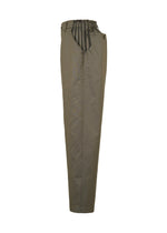 TYPE-S 003 by A-POC ABLE ISSEY MIYAKE: olive green pinstriped straight pants with a high elastic waistband and pleated front, made from lightweight stretchy material, shown side view on white background.