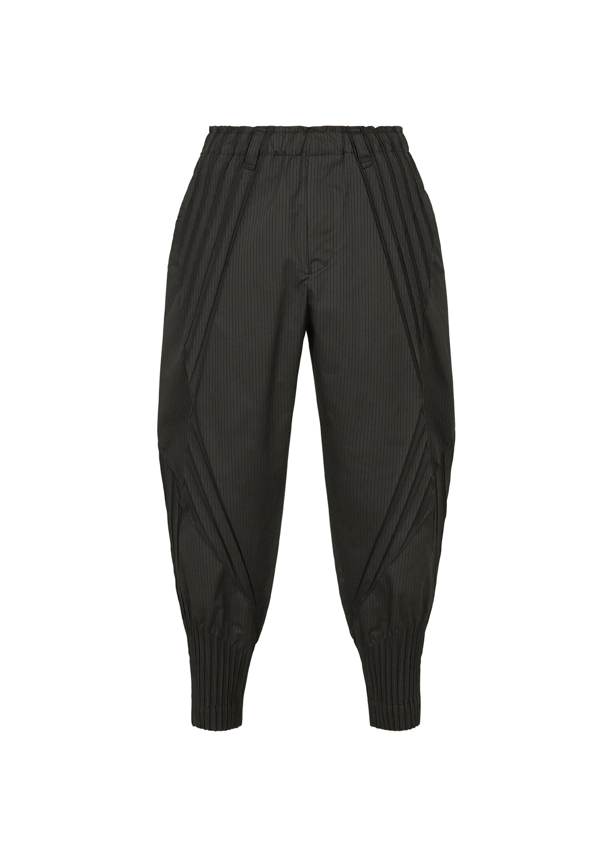 Zoomed view TYPE-S 003 by A-POC ABLE ISSEY MIYAKE: Black cropped pants with an elastic waistband and cuffs in lightweight stretch fabric, featuring vertical pinstripes and geometric stitching. Shown on a white background. - BLACK （no.15）