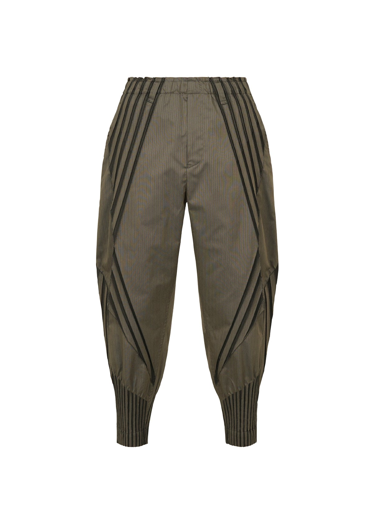 Zoomed view The TYPE-S 003 by A-POC ABLE ISSEY MIYAKE are olive green jogger pants with black diagonal stripes, elastic waistband, ribbed cuffs, and unique panel details for a modern look in lightweight stretch fabric. - KHAKI （no.65）