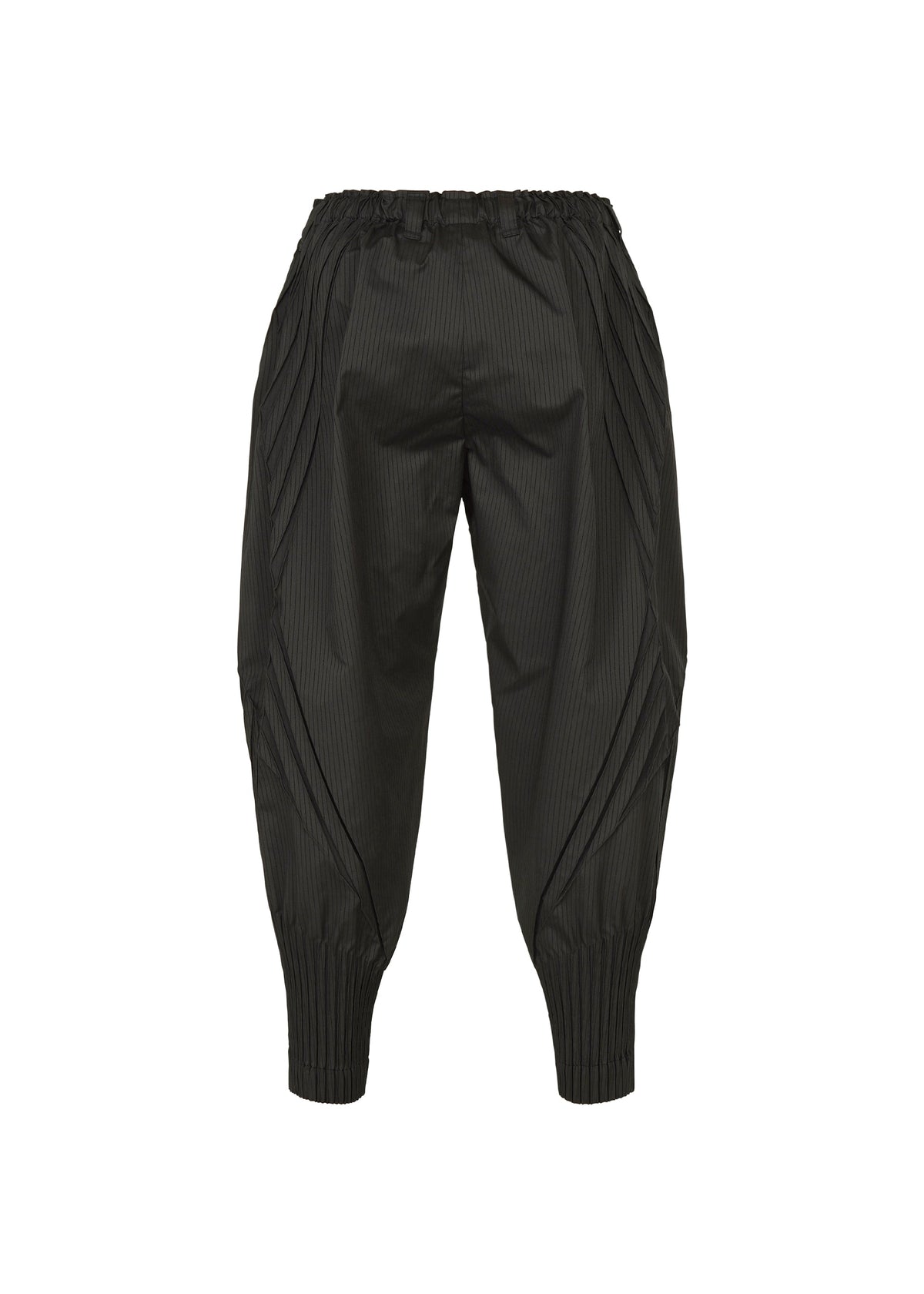 The TYPE-S 003 by A-POC ABLE ISSEY MIYAKE: black high-waisted cropped pants with elastic waistband, gathered ankles, pleated front drape, and made of lightweight stretch material. Shown on a plain white background. view 3 of 4
