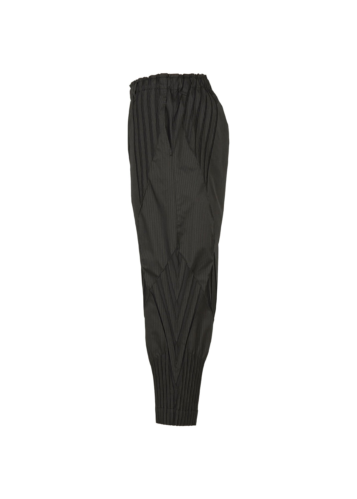 TYPE-S 003 by A-POC ABLE ISSEY MIYAKE: black pinstriped cropped pants in lightweight stretch fabric with an elastic waist and geometric pleats, shown from the side on a white background. view 4 of 4