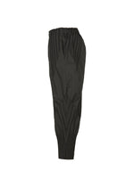 TYPE-S 003 by A-POC ABLE ISSEY MIYAKE: black pinstriped cropped pants in lightweight stretch fabric with an elastic waist and geometric pleats, shown from the side on a white background.