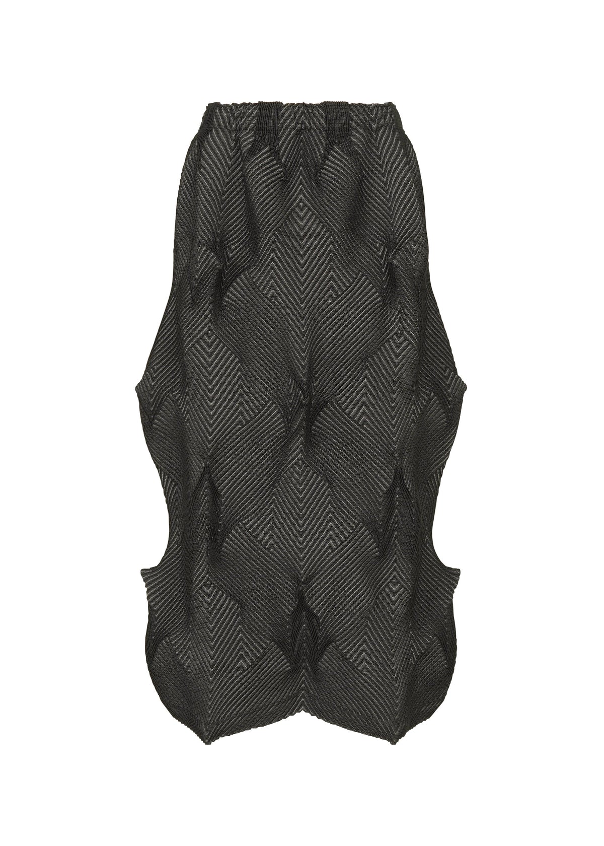 The TYPE-O 010-1 by A-POC ABLE ISSEY MIYAKE is a black textured skirt in recycled polyester, featuring a chevron pattern, sculpted side protrusions, and an elastic waistband. view 1 of 8