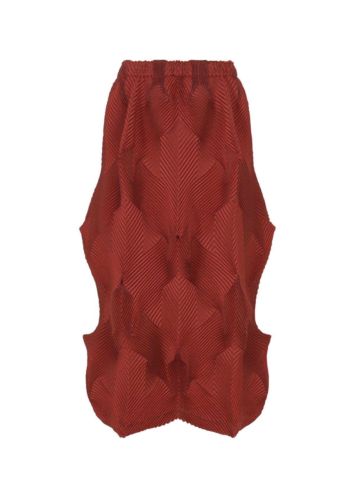 The TYPE-O 010-1 by A-POC ABLE ISSEY MIYAKE is a red pleated skirt with a textured 3D geometric pattern, made from recycled polyester and featuring a wavy, sculpted silhouette. view 2 of 8