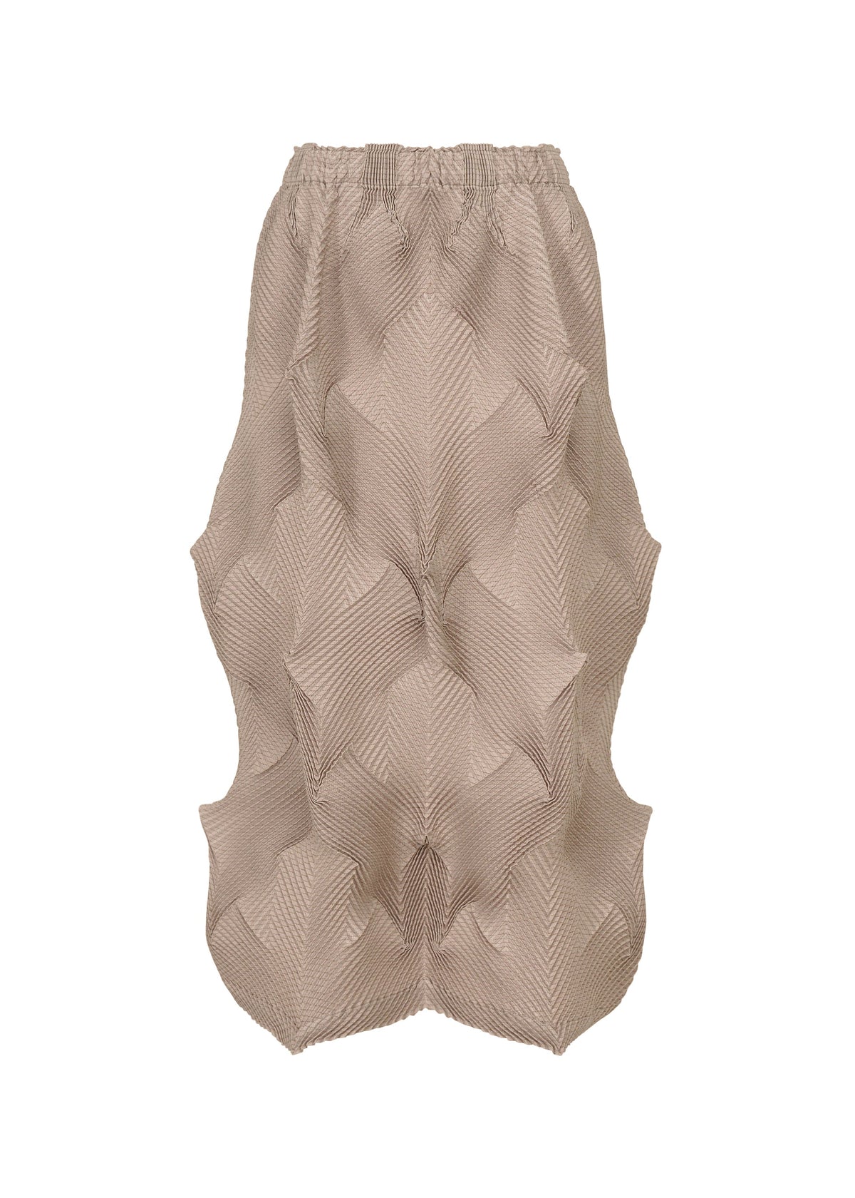 Zoomed view The TYPE-O 010-1 by A-POC ABLE ISSEY MIYAKE is a beige, knee-length pleated skirt featuring a geometric 3D textured pattern in recycled polyester and an elastic waistband for a modern architectural look. - BEIGE （no.41）
