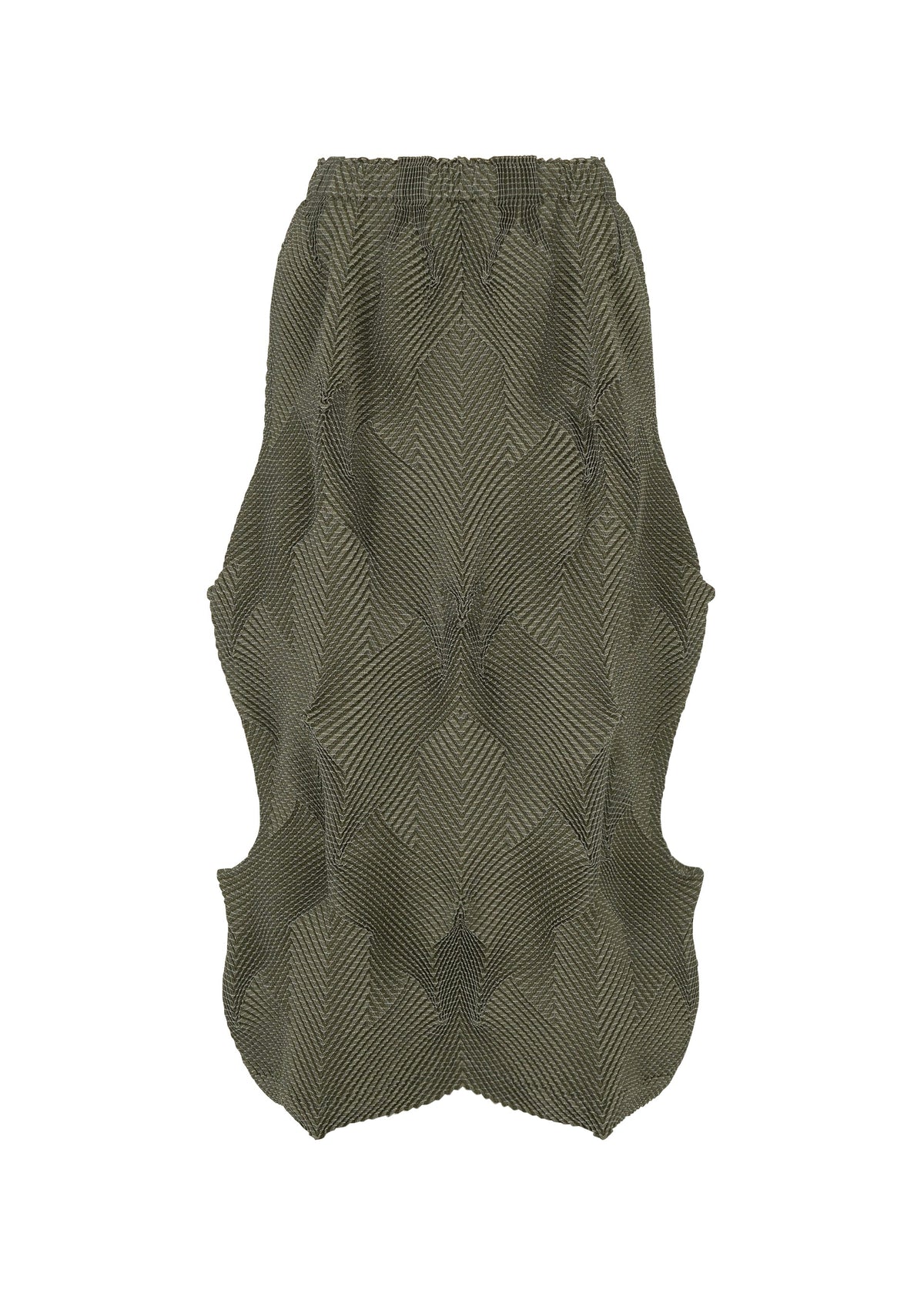 The TYPE-O 010-1 by A-POC ABLE ISSEY MIYAKE is an olive-green pleated skirt with a geometric 3D texture and wavy side volumes, displayed on a white background. view 4 of 8