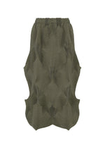 The TYPE-O 010-1 by A-POC ABLE ISSEY MIYAKE is an olive-green pleated skirt with a geometric 3D texture and wavy side volumes, displayed on a white background. - KHAKI （no.65）