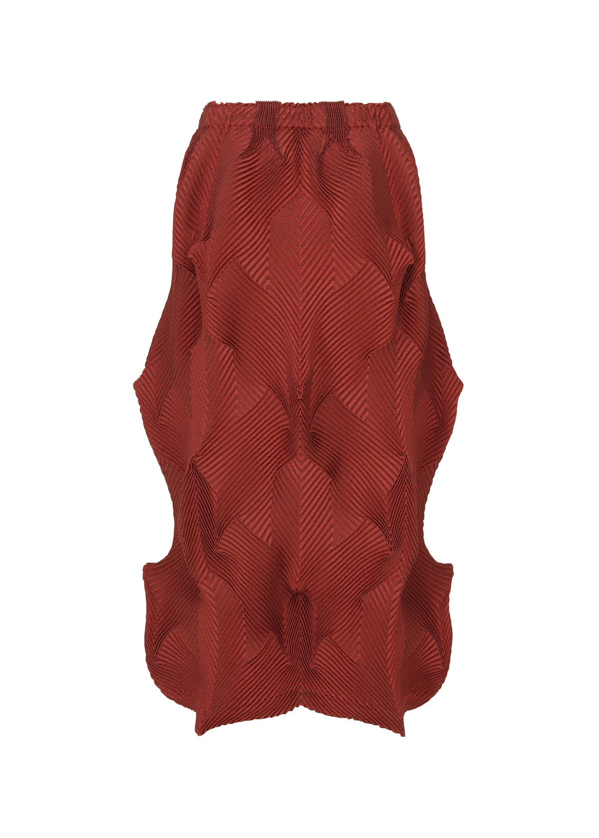 TYPE-O 010-1 by A-POC ABLE ISSEY MIYAKE is a red pleated skirt with a geometric 3D texture and sculptural bulges on the sides, crafted from recycled polyester. view 5 of 8