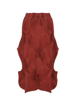 TYPE-O 010-1 by A-POC ABLE ISSEY MIYAKE is a red pleated skirt with a geometric 3D texture and sculptural bulges on the sides, crafted from recycled polyester.