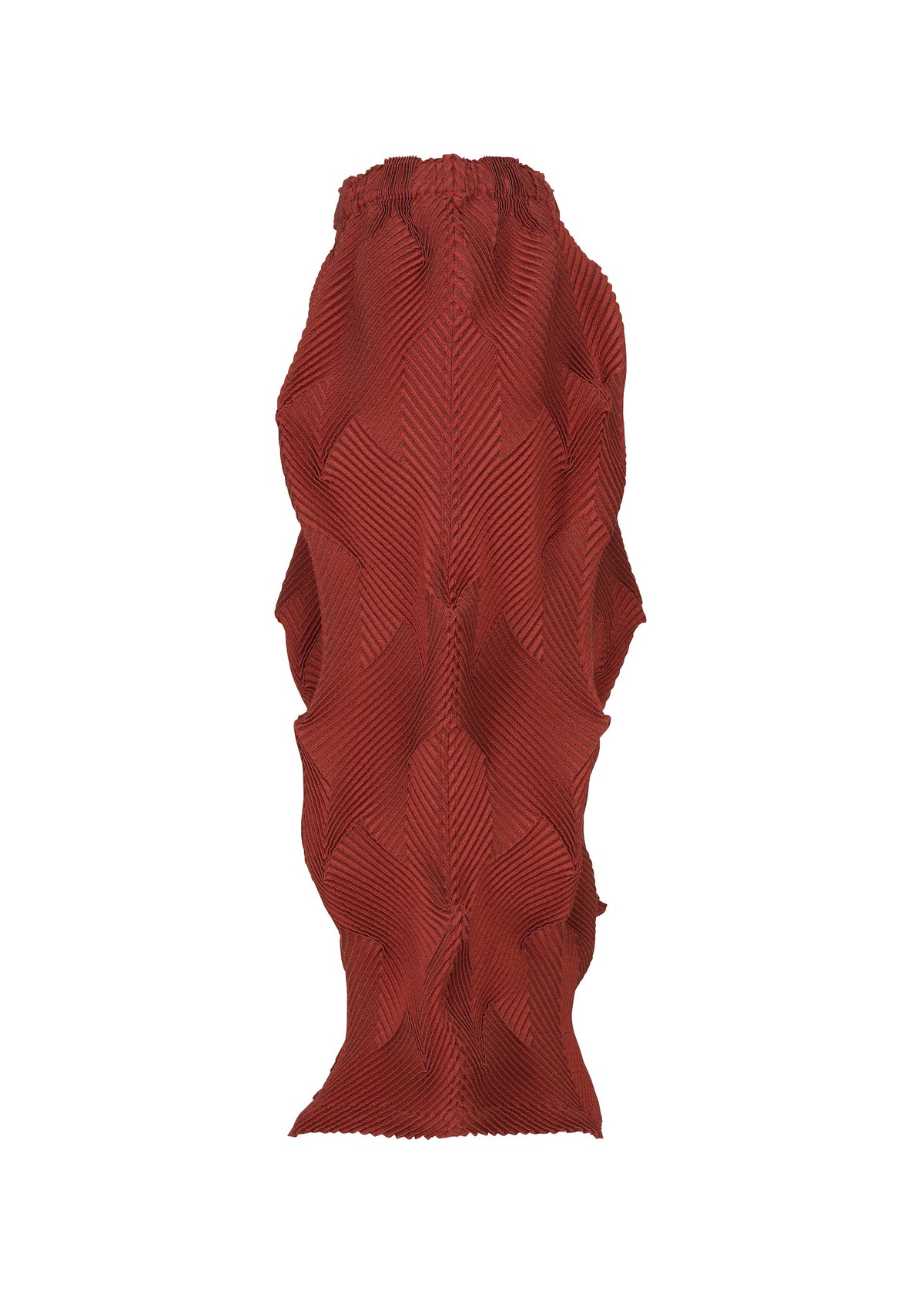 The TYPE-O 010-1 by A-POC ABLE ISSEY MIYAKE is a red pleated skirt with a wavy, sculptural design, elastic waistband, and diagonal pattern, made from recycled polyester for a unique three-dimensional effect. view 6 of 8