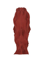 The TYPE-O 010-1 by A-POC ABLE ISSEY MIYAKE is a red pleated skirt with a wavy, sculptural design, elastic waistband, and diagonal pattern, made from recycled polyester for a unique three-dimensional effect.