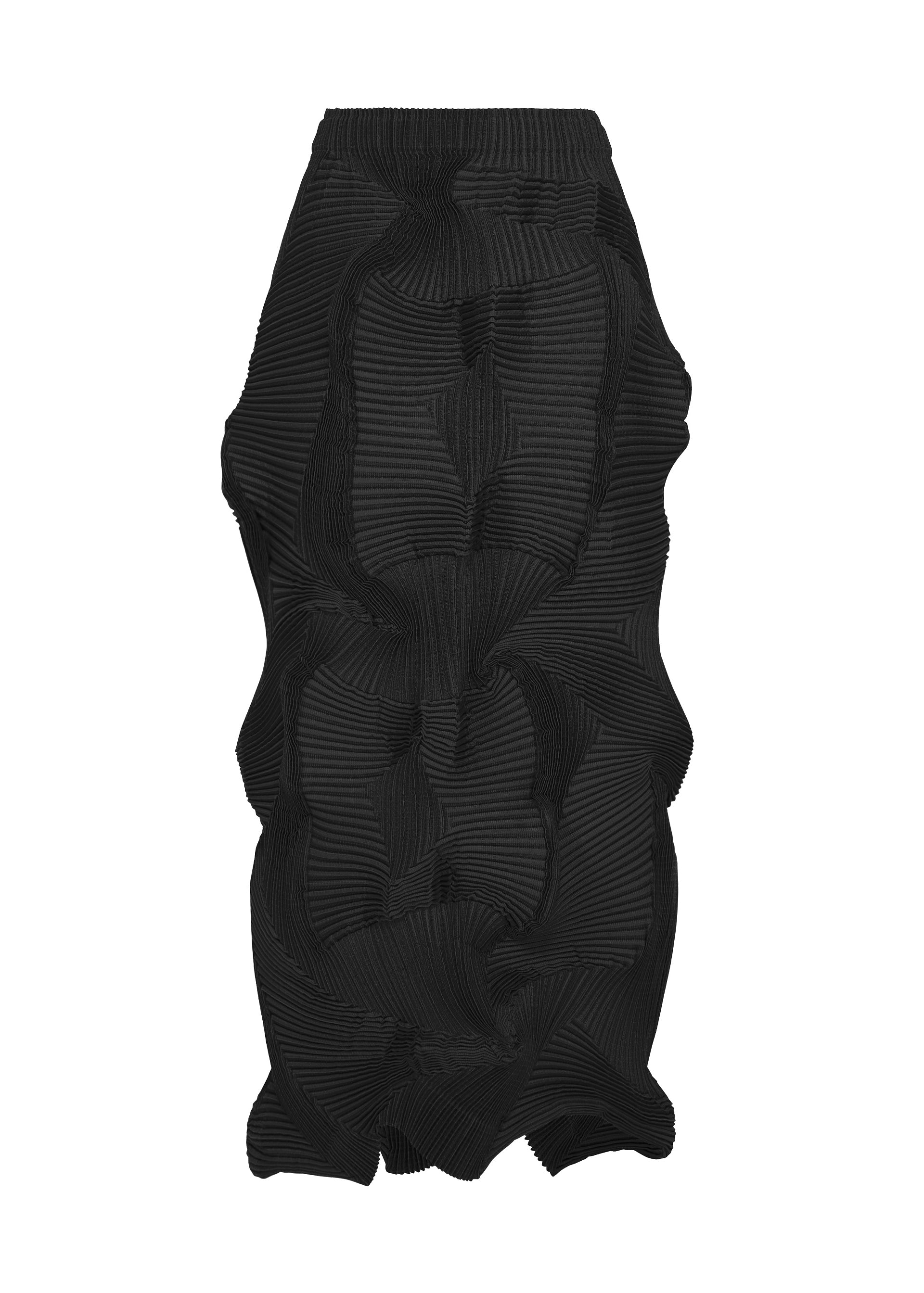 Zoomed view The TYPE-O 003 BK skirt by A-POC ABLE ISSEY MIYAKE features a high-waisted, sculpted silhouette in black steam stretch material, showcasing wavy, layered pleats for a striking three-dimensional effect. Its pleated patchwork design and structured, artistic texture give this innovative piece a distinct edge. - BLACK （no.15）