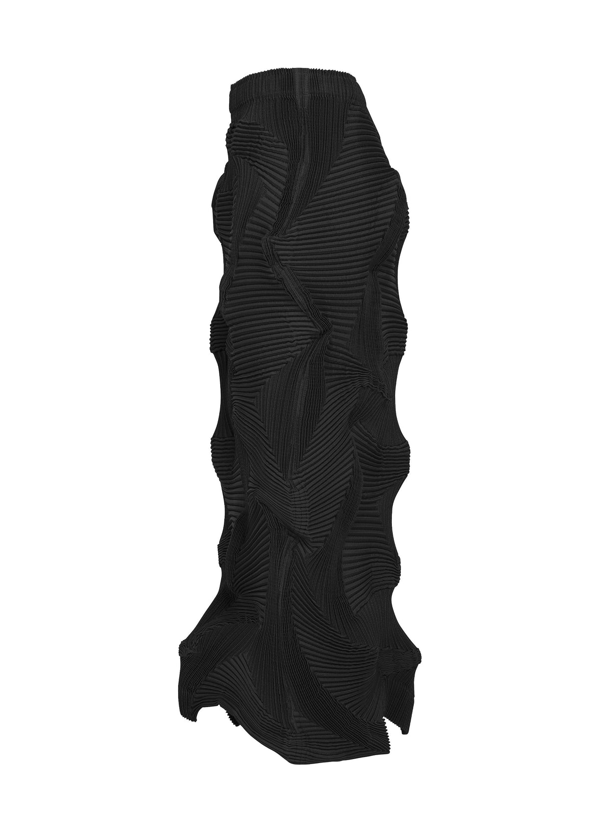 The TYPE-O 003 BK skirt by A-POC ABLE ISSEY MIYAKE is a long black piece crafted in Steam Stretch fabric, featuring textured pleats and wavy geometric patterns that create a dynamic three-dimensional sculptural effect throughout. view 3 of 3
