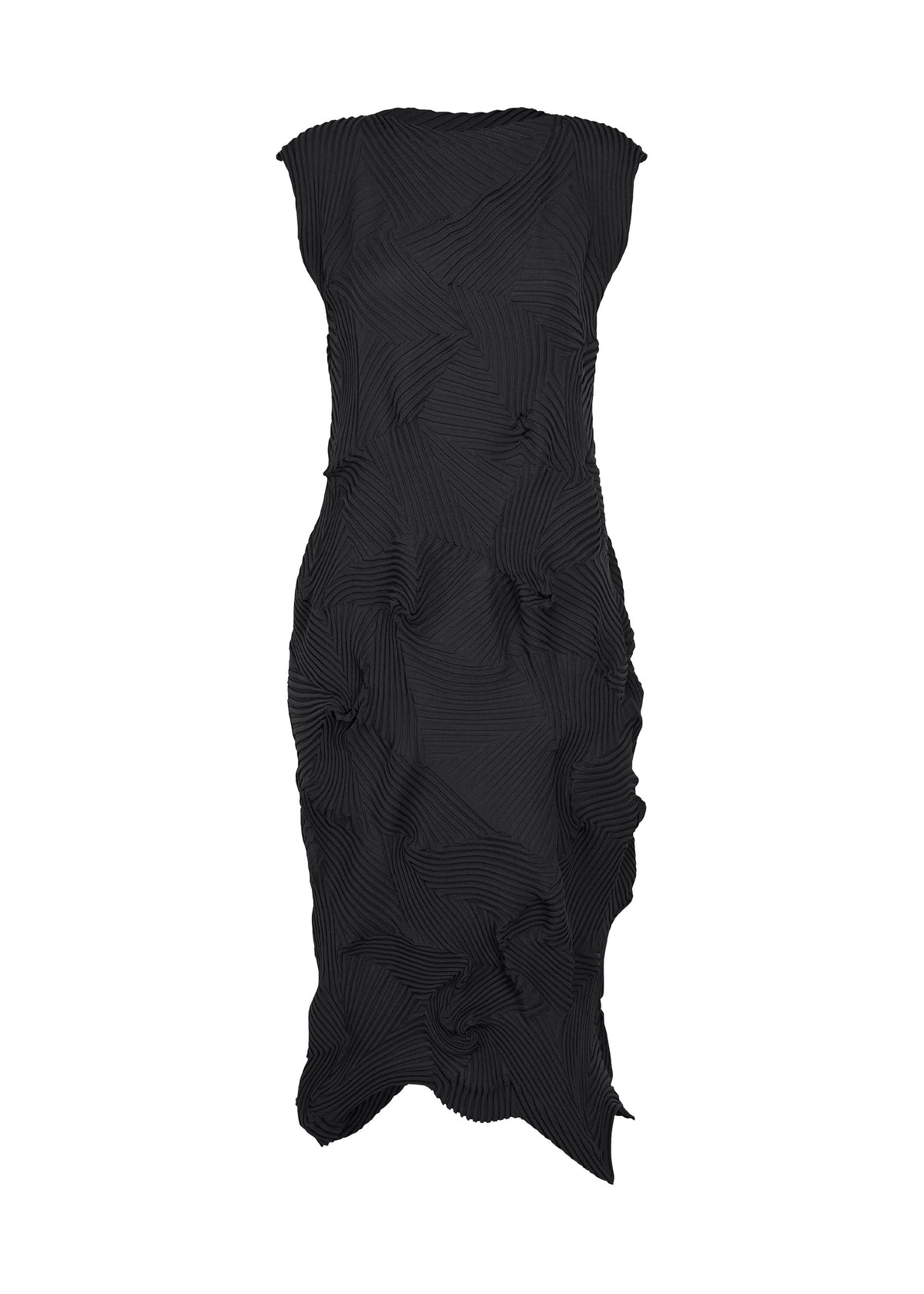 Sleeveless black midi TYPE-P 003-1 dress by A-POC ABLE ISSEY MIYAKE, crafted from Baked Stretch fabric with a fitted silhouette and textured, crinkled finish featuring subtle vertical and diagonal lines for a sculpted, modern look—designed as versatile everyday wear. view 1 of 6