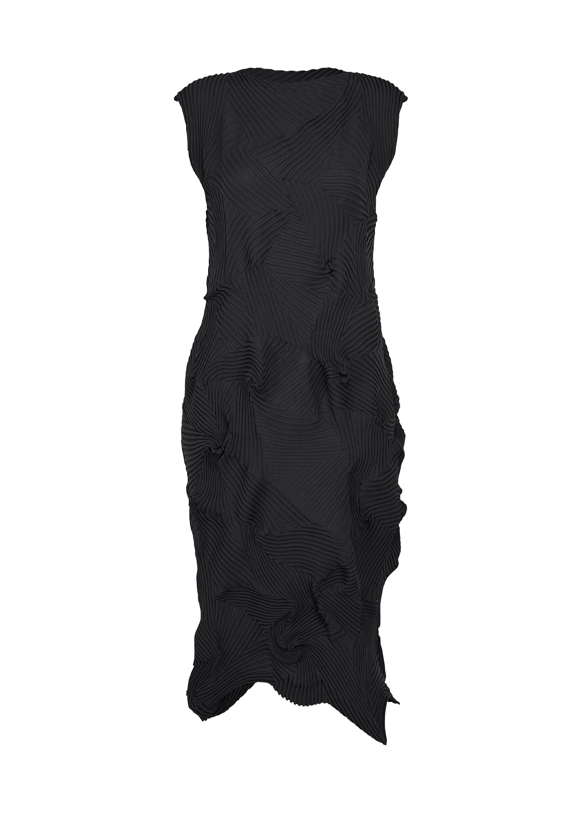 Zoomed view Sleeveless black midi TYPE-P 003-1 dress by A-POC ABLE ISSEY MIYAKE, crafted from Baked Stretch fabric with a fitted silhouette and textured, crinkled finish featuring subtle vertical and diagonal lines for a sculpted, modern look—designed as versatile everyday wear. - BLACK （no.15）