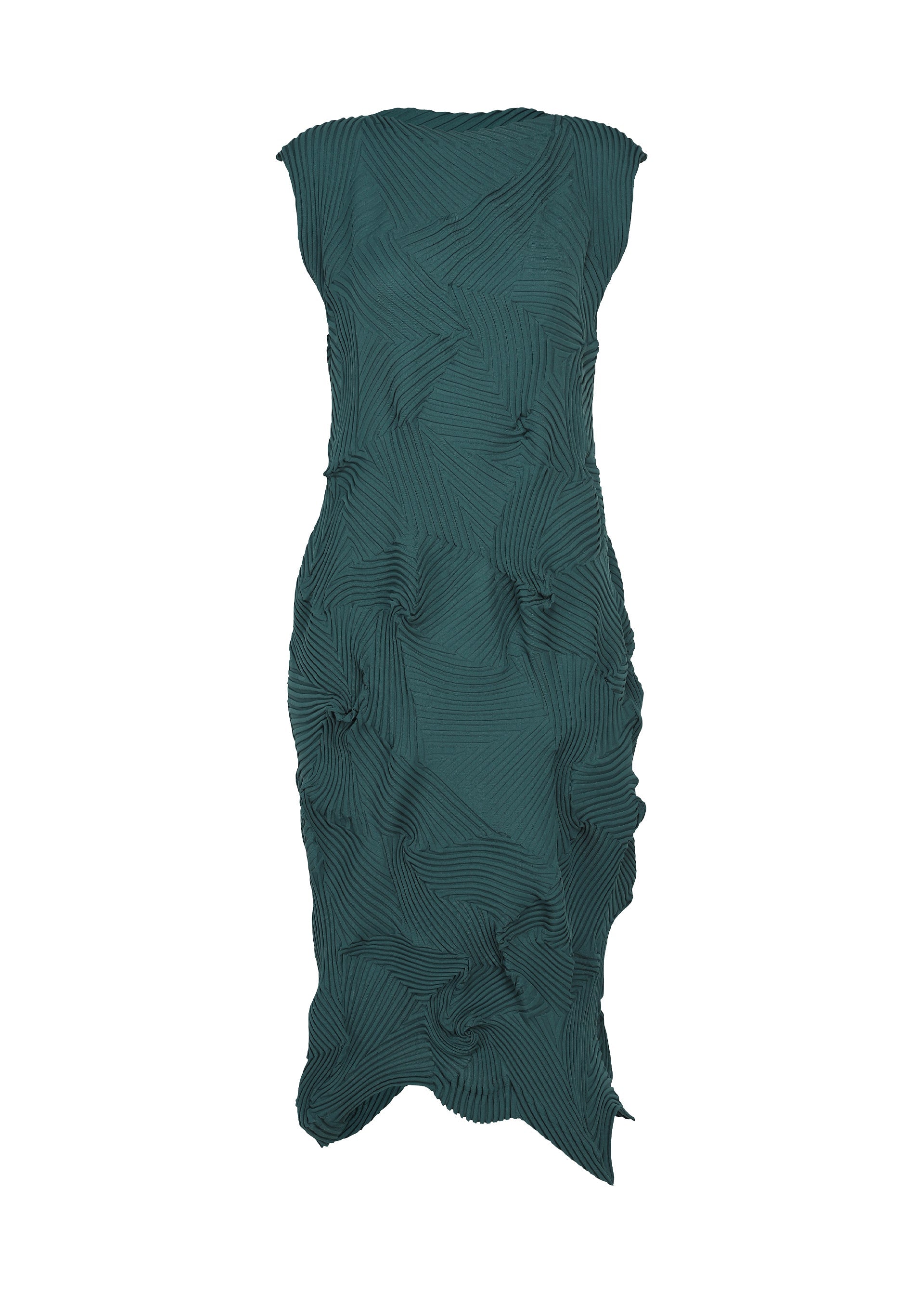 Zoomed view Sleeveless dark green TYPE-P 003-1 dress by A-POC ABLE ISSEY MIYAKE with a fitted silhouette and textured, ruched fabric featuring geometric pleats and gathered details throughout. Designed as a versatile everyday wear piece, the hem has an uneven, natural finish. - TURQUOISE GREEN （no.60）