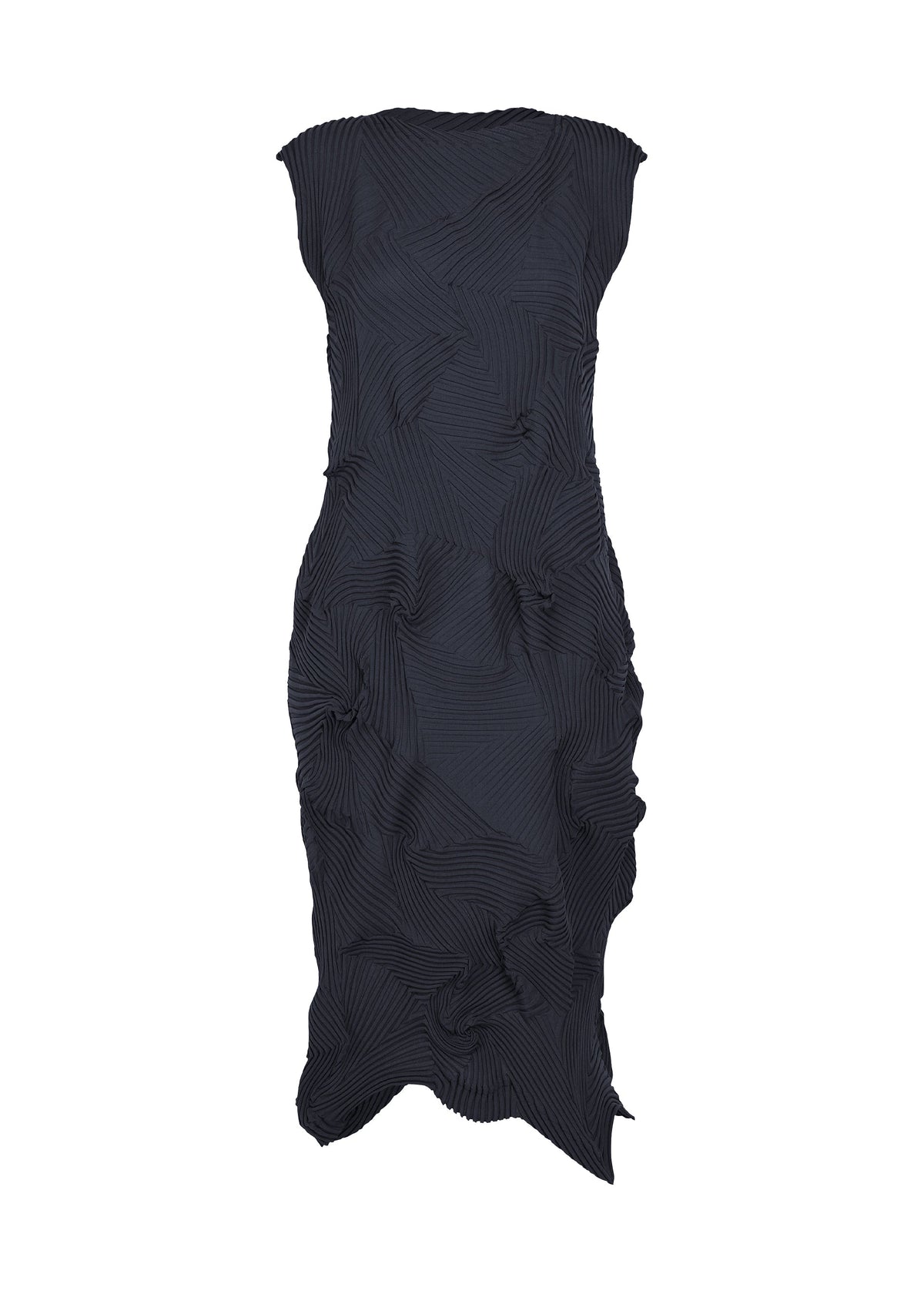 TYPE-P 003-1 by A-POC ABLE ISSEY MIYAKE is a sleeveless black midi dress crafted from textured, crinkled fabric with an asymmetrical hem. Reminiscent of a Baked Stretch dress, it showcases a subtle wavy striped pattern and features a fitted, sculpted silhouette, making it perfect for versatile everyday wear. view 3 of 6