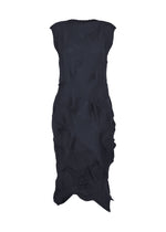 TYPE-P 003-1 by A-POC ABLE ISSEY MIYAKE is a sleeveless black midi dress crafted from textured, crinkled fabric with an asymmetrical hem. Reminiscent of a Baked Stretch dress, it showcases a subtle wavy striped pattern and features a fitted, sculpted silhouette, making it perfect for versatile everyday wear. - NAVY （no.75）